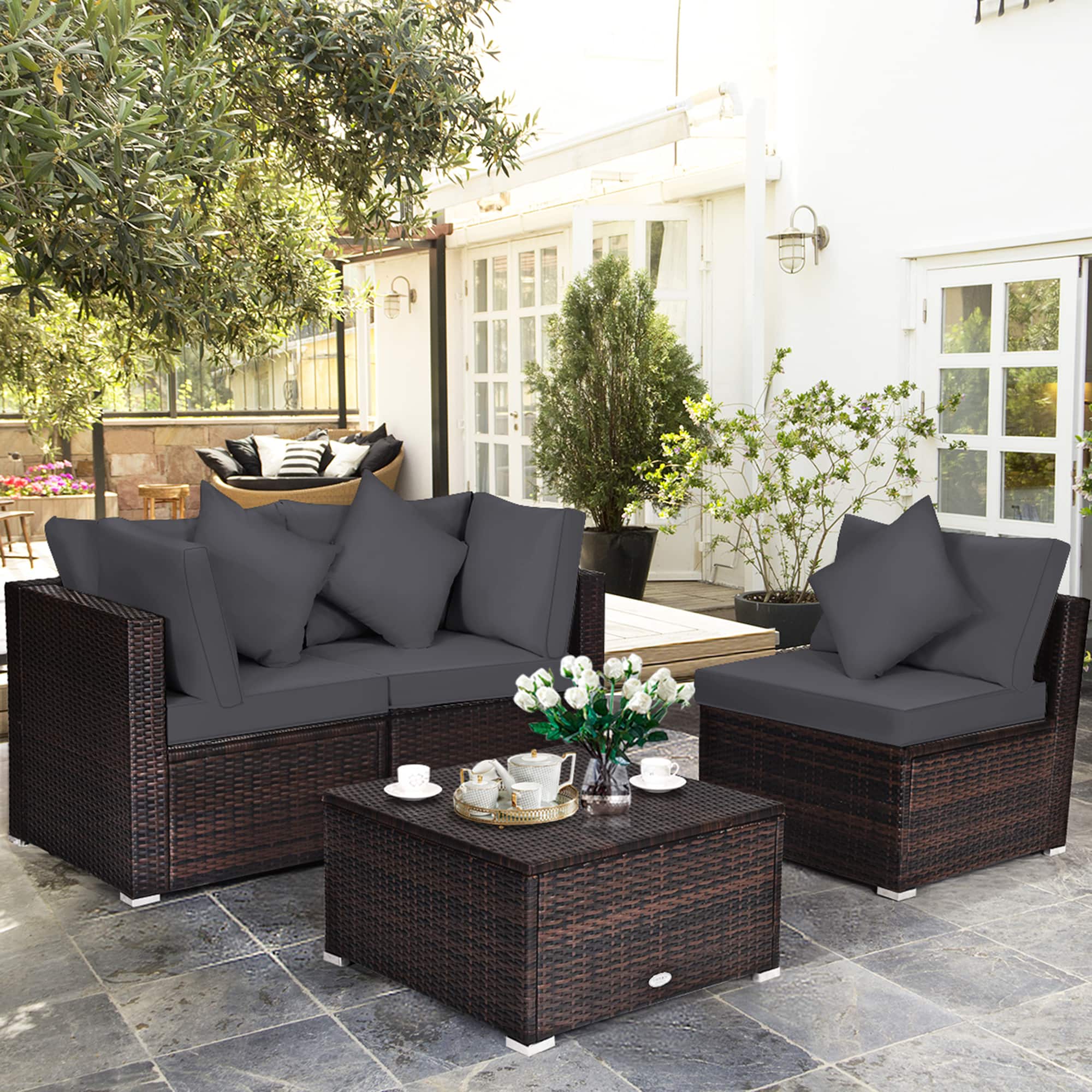 Gymax - 4PCS Rattan Patio Conversation Furniture Set Yard Outdoor w/ Grey Cushion - Gray