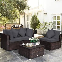 Gymax - 4PCS Rattan Patio Conversation Furniture Set Yard Outdoor w/ Grey Cushion - Gray