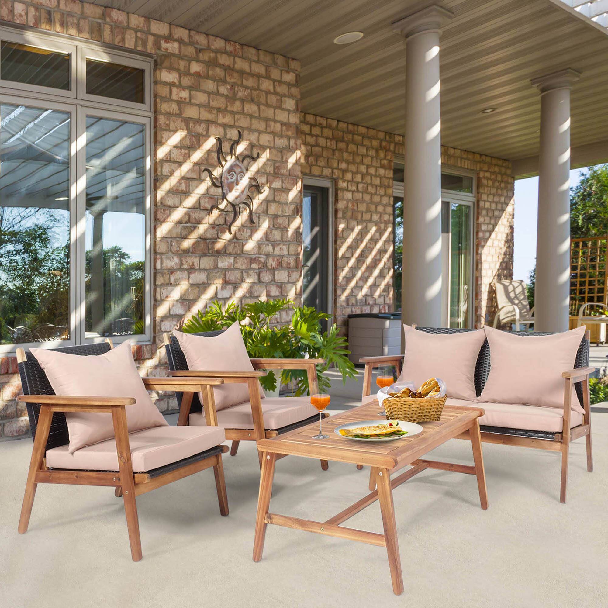 Alt View 3. Gymax - Gymax 4PCS Outdoor Furniture Set Patio Conversation Set  w/ Wood Frame Cushion - Beige.