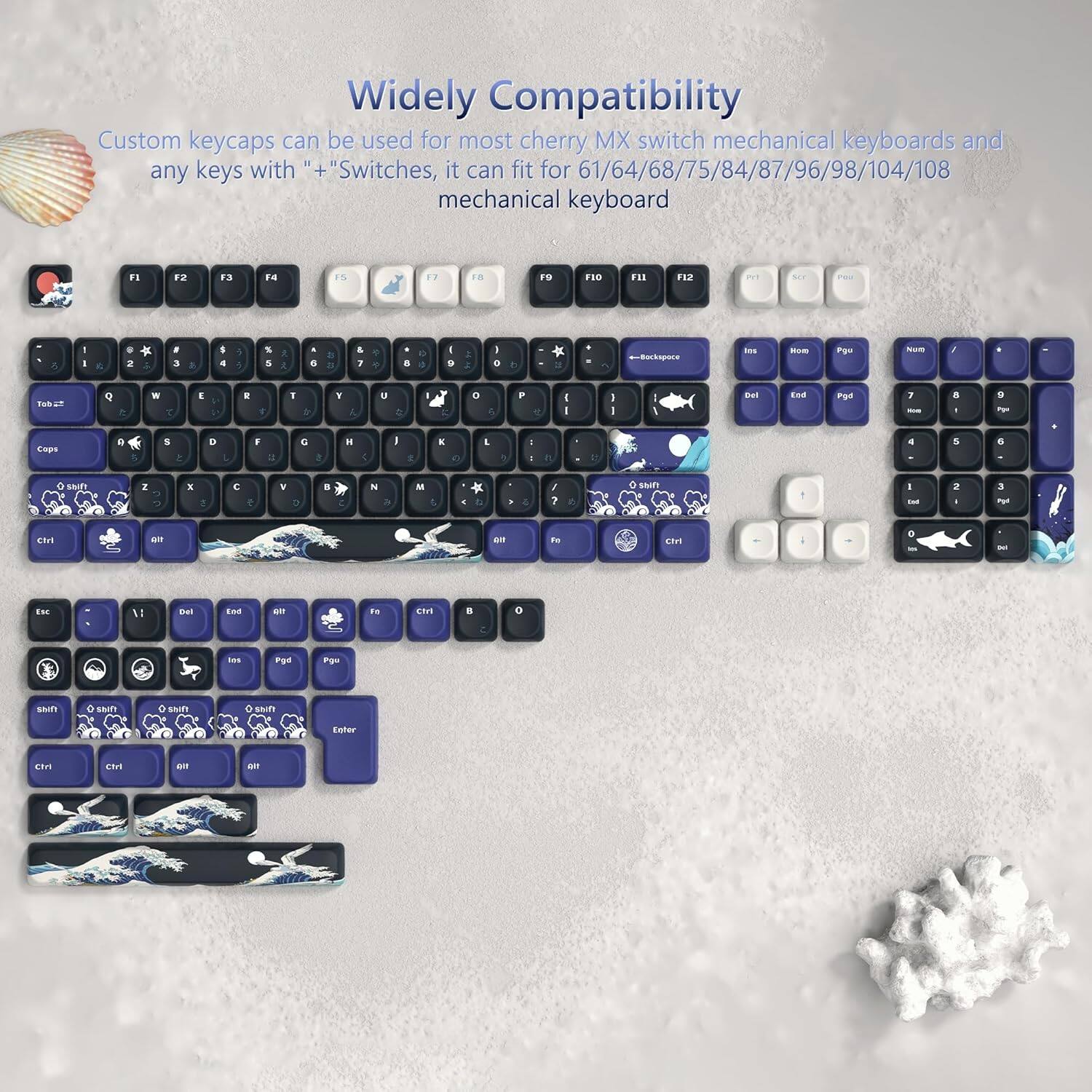Widely Compatibility

Custom keycaps can be used for most cherry MX switch mechanical keyboards and any keys with "+" switches, it can fit for 61/64/68/75/84/87/96/98/104/108 mechanical keyboard.