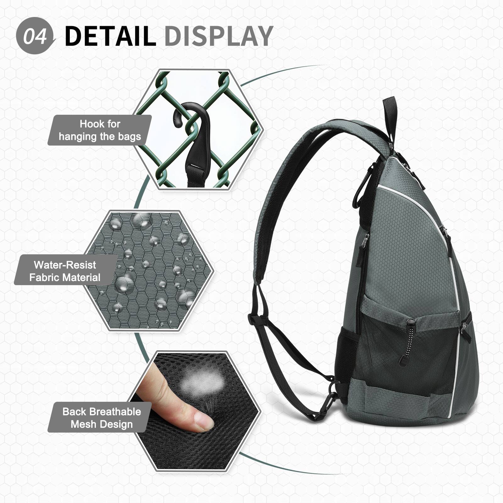 04 DETAIL DISPLAY  
- Hook for hanging the bags  
- Water-Resist Fabric Material  
- Back Breathable Mesh Design