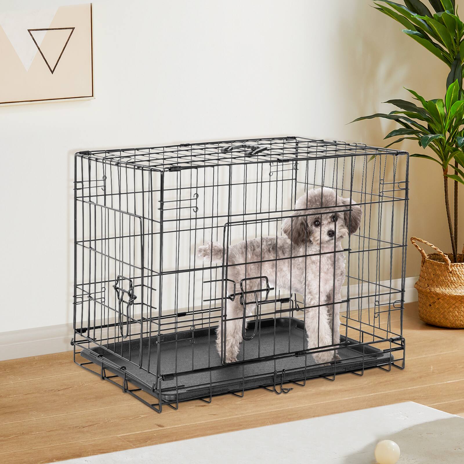 Front. AENKYO - 36" Dog Crate Kennel Double Doors Metal Foldable Pet Cage with Divider Panel & Removable Tray.