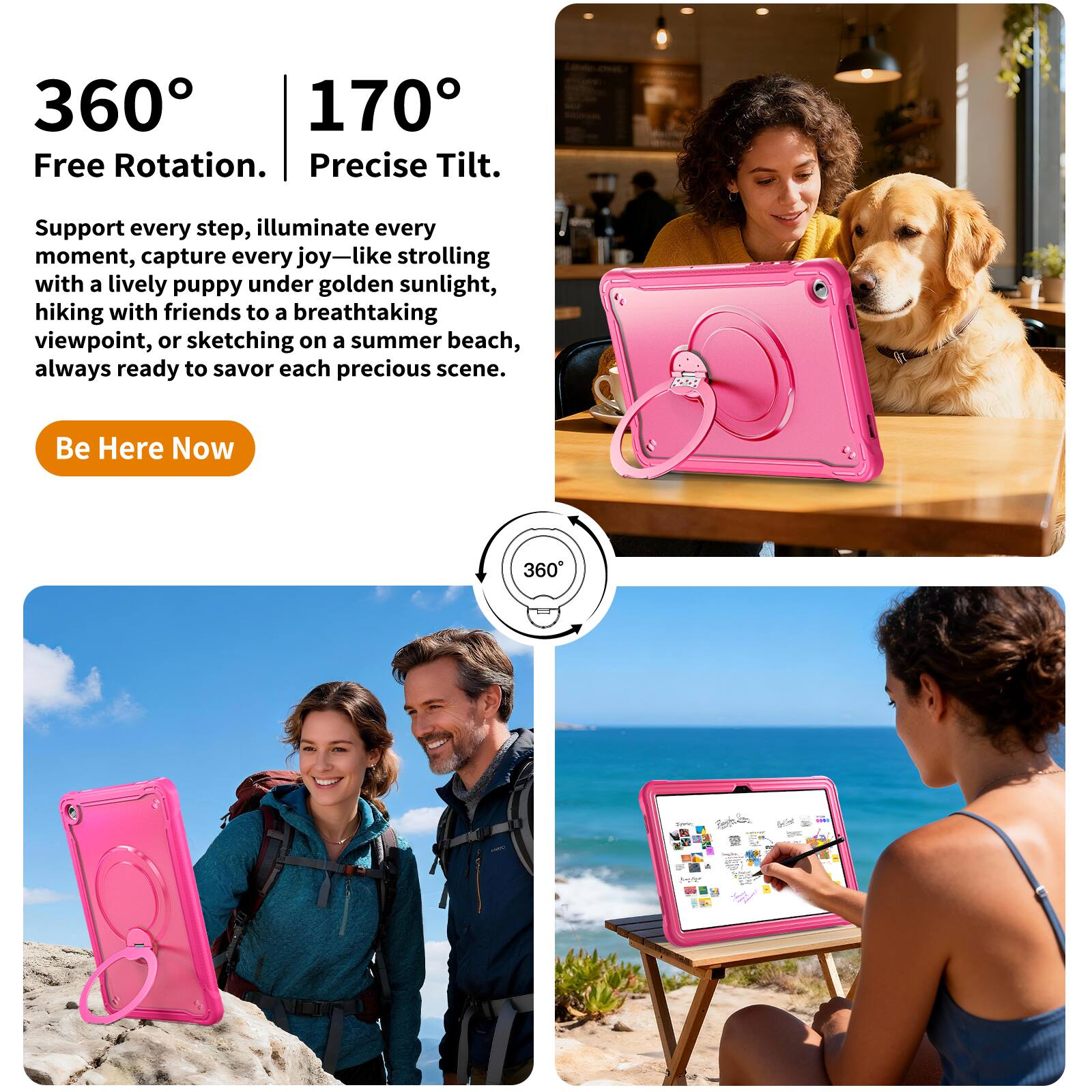 360° Free Rotation.  
170° Precise Tilt.  

Support every step, illuminate every moment, capture every joy—like strolling with a lively puppy under golden sunlight, hiking with friends to a breathtaking viewpoint, or sketching on a summer beach, always ready to savor each precious scene.  

Be Here Now