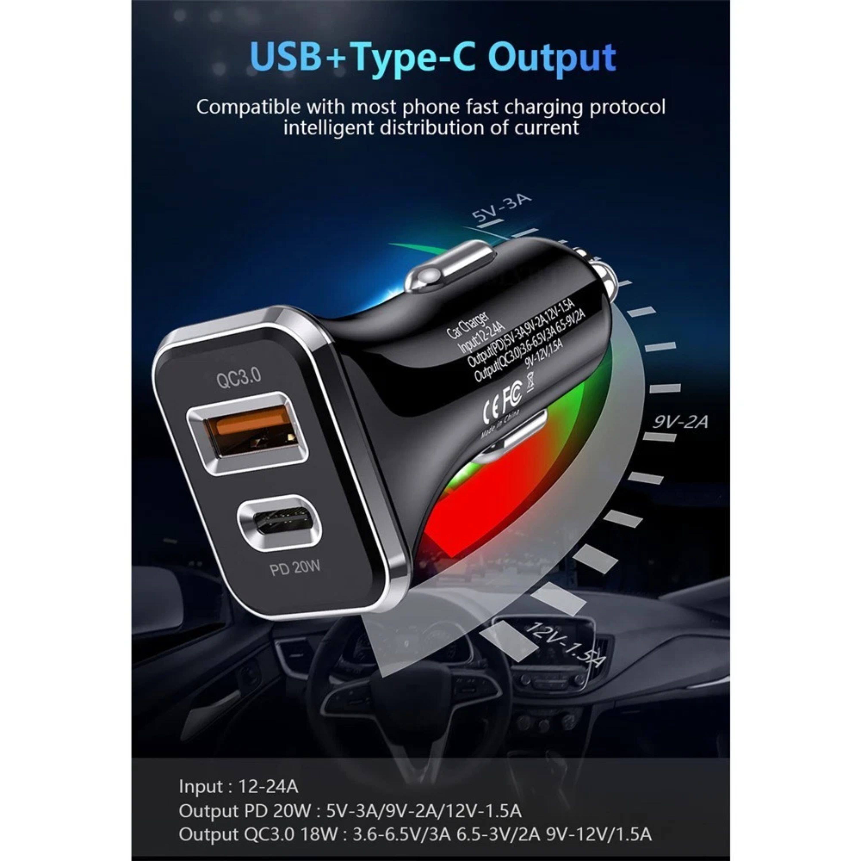 USB + Type-C Output  
Compatible with most phone fast charging protocol intelligent distribution of current  
5V-3A QC3.0  
Car Charger  
Input: 12-24A  
Output (PD): 5V-3A, 9V-2A, 12V-1.5A  
9V-12V/1.5A  
E CEFC  
9V-2A PD 20W  
12V-1.5A  
Input: 12-24A  
Output PD 20W: 5V-3A/9V-2A/12V-1.5A  
Output QC3.0 18W: 3.6-6.5V/3A, 6.5-3V/2A, 9V-12V/1.5A