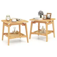 Costway 2 PCS Bamboo Sofa Side Table with Faux Rattan Storage Shelf Boho End Table - Natural - Front_Zoom
