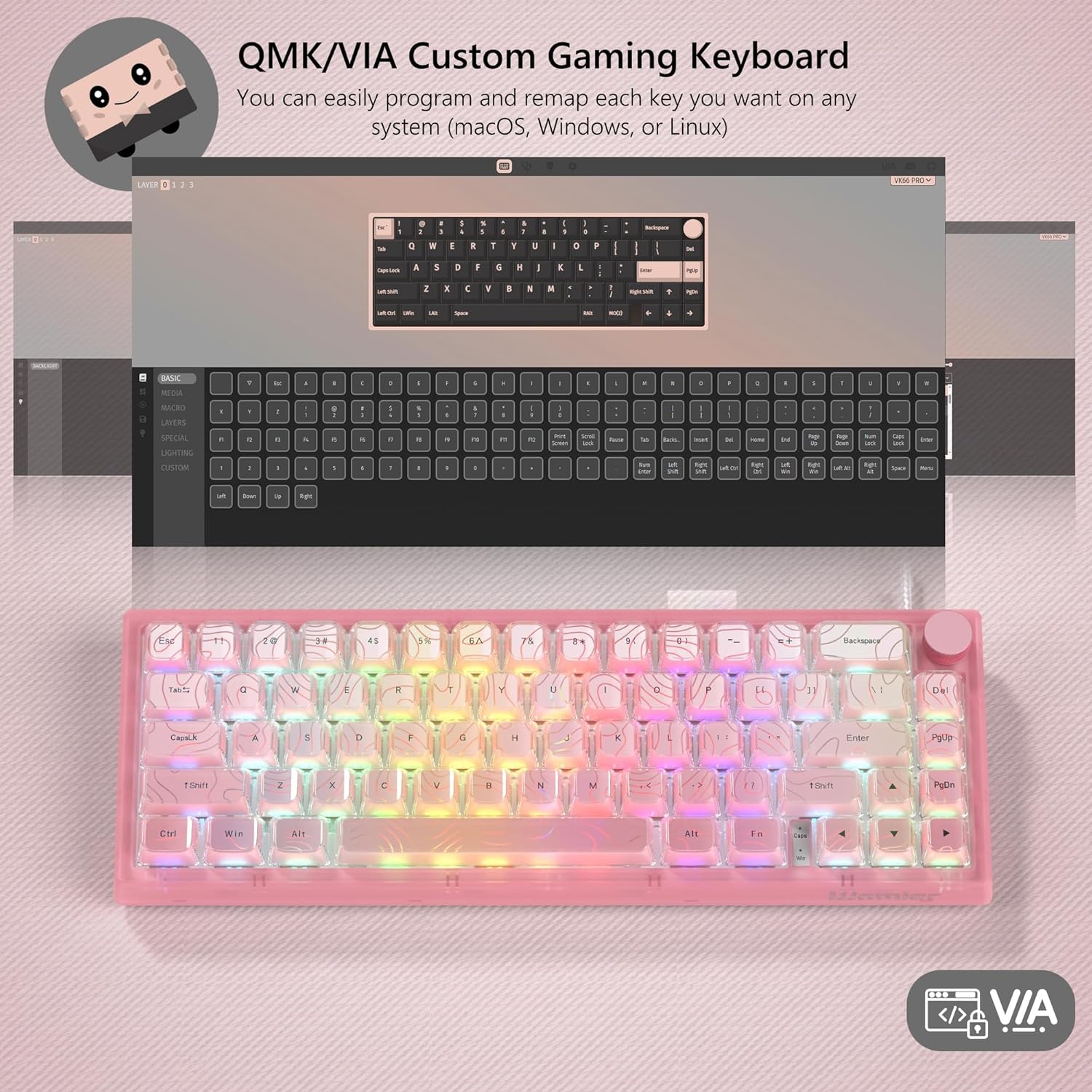 Womier VK66 Pro 65% Wired Gaming Keyboard, QMK/VIA Creamy