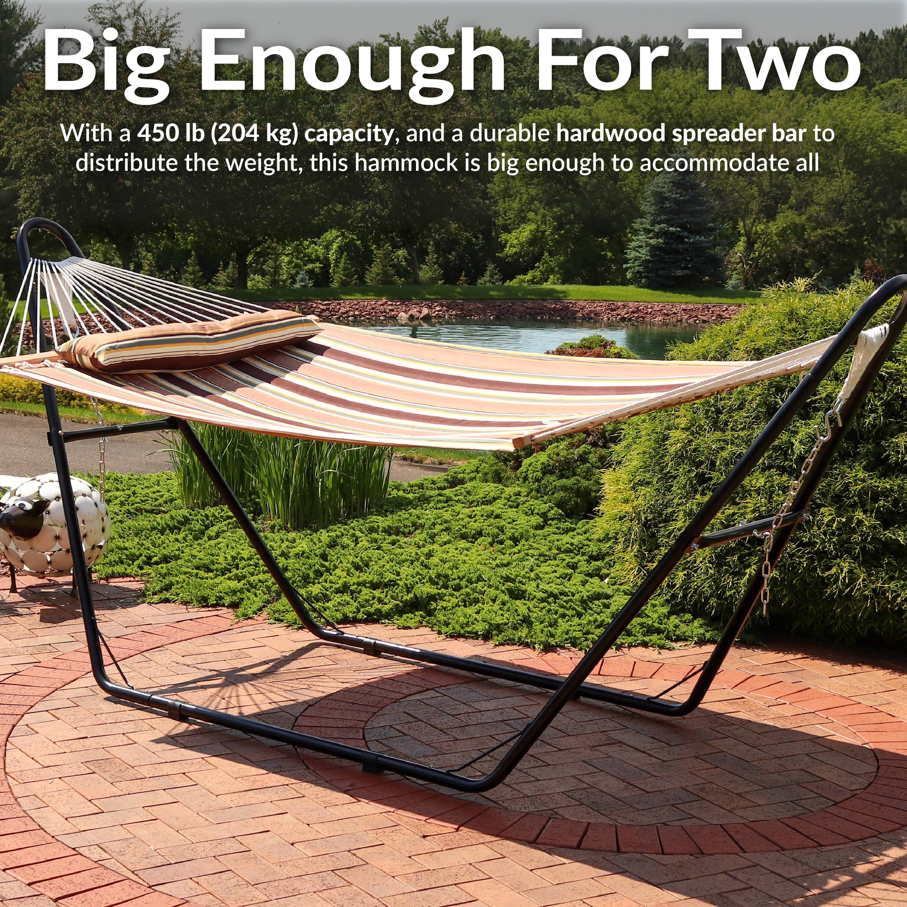 Big Enough For Two

With a 450 lb (204 kg) capacity, and a durable hardwood spreader bar to distribute the weight, this hammock is big enough to accommodate all.