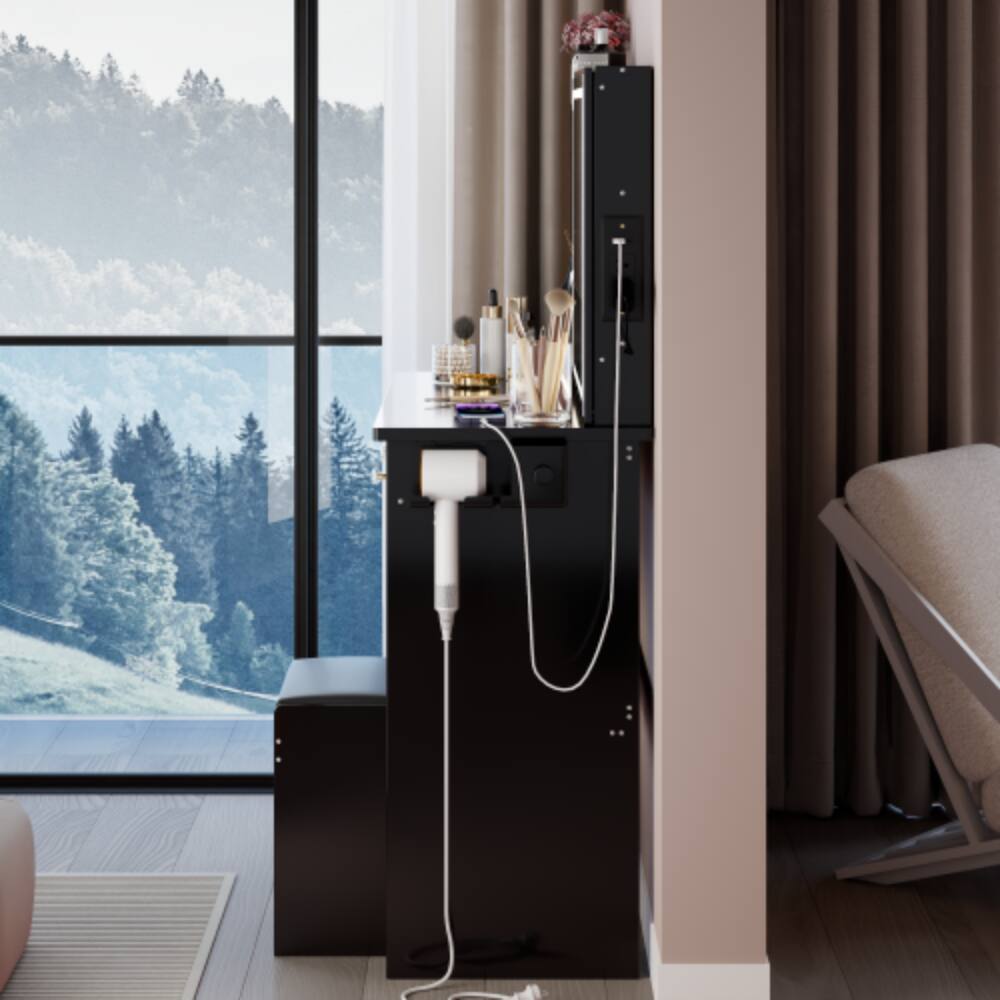 Alt View 4. LUCKY ONE - 37in Vanity Set with LED Sliding Mirror, 2AC+2USB, Hair Dryer Stand and Stool for Bedroom - Black.