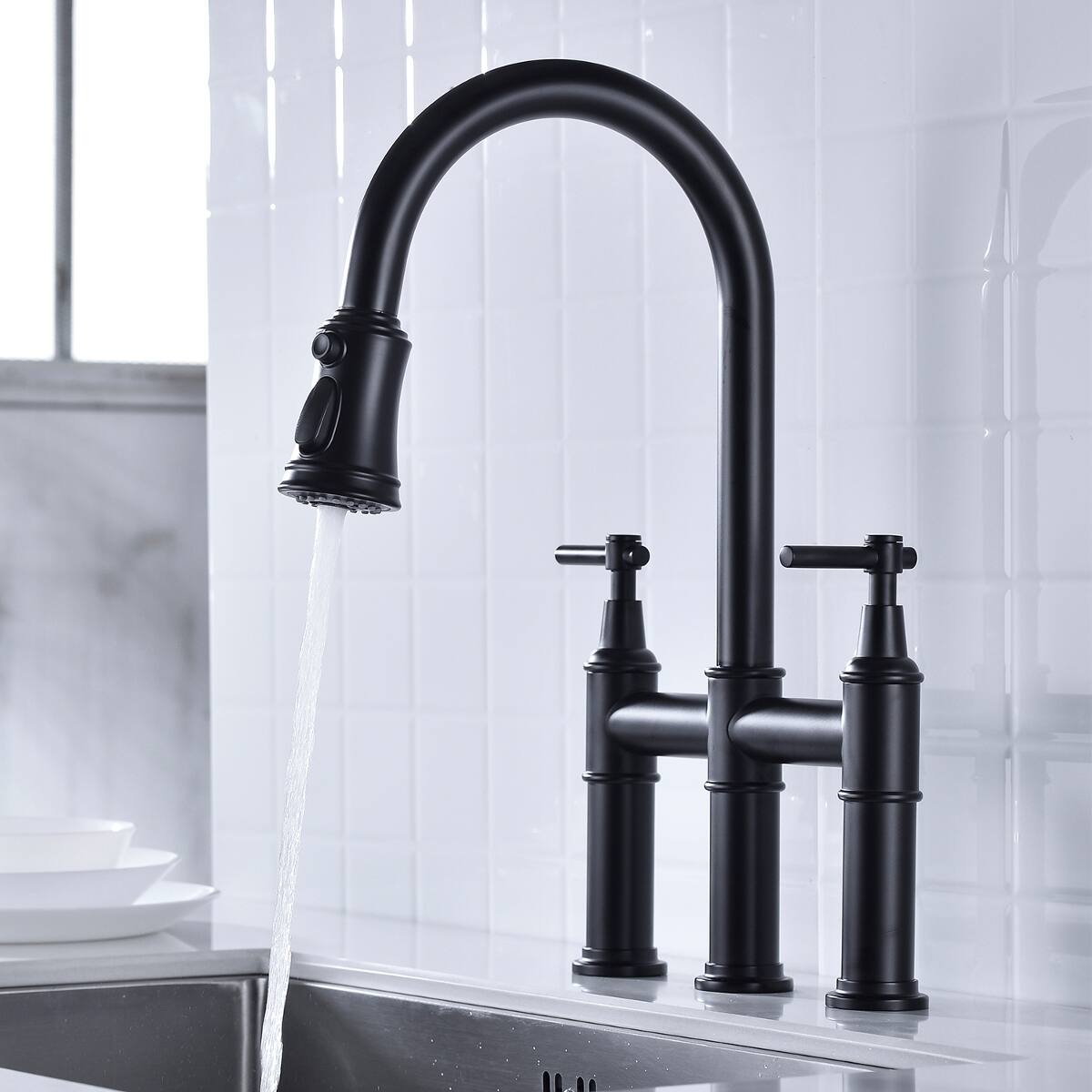 Alt View 7. Ropilly - Ropilly Bridge Kitchen Faucet with Pull Down Spray Head, Matte Black Finish, Dual Handle Brass Kitchen Faucet - Matte Black.