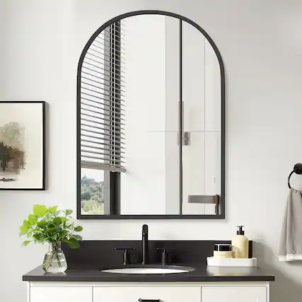 Front. PexFix - 29.5" x 39.4" Arch Bathroom Mirror Medicine Cabinet with Adjustable Shelves - Metal Frame, Recessed or Surface Mount - Black.