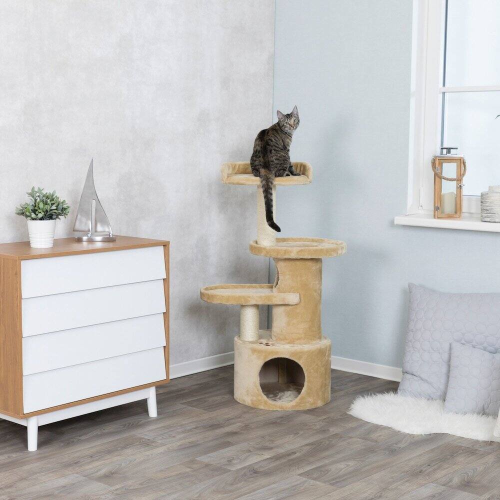 Angle. TRIXIE - Oviedo Plush 3-Level Cat Tree with Sisal Scratching Posts, Condo & Tunnel - Beige.