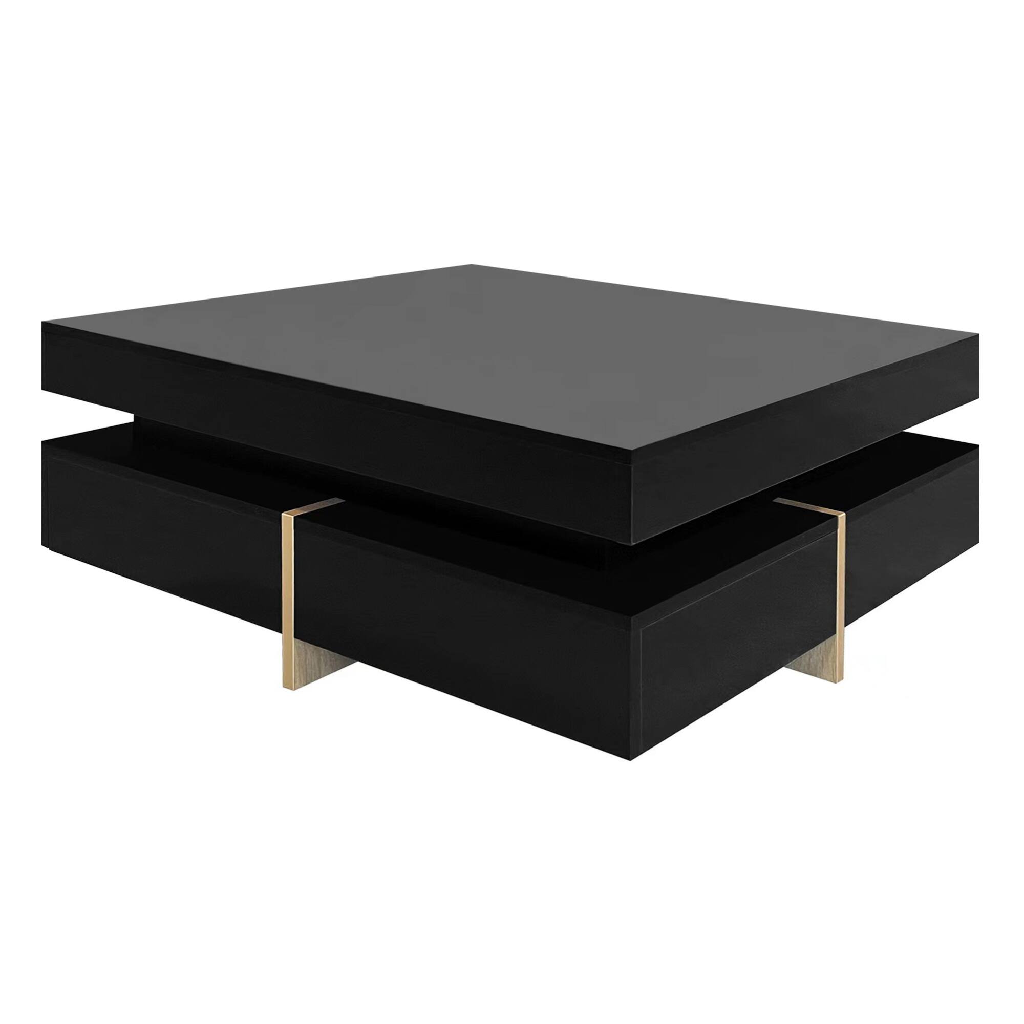 Alt View 7. GOODSILO - Modern High Gloss Square Coffee Table with Four Drawers and Wood Grain Legs for Living Room - Black.