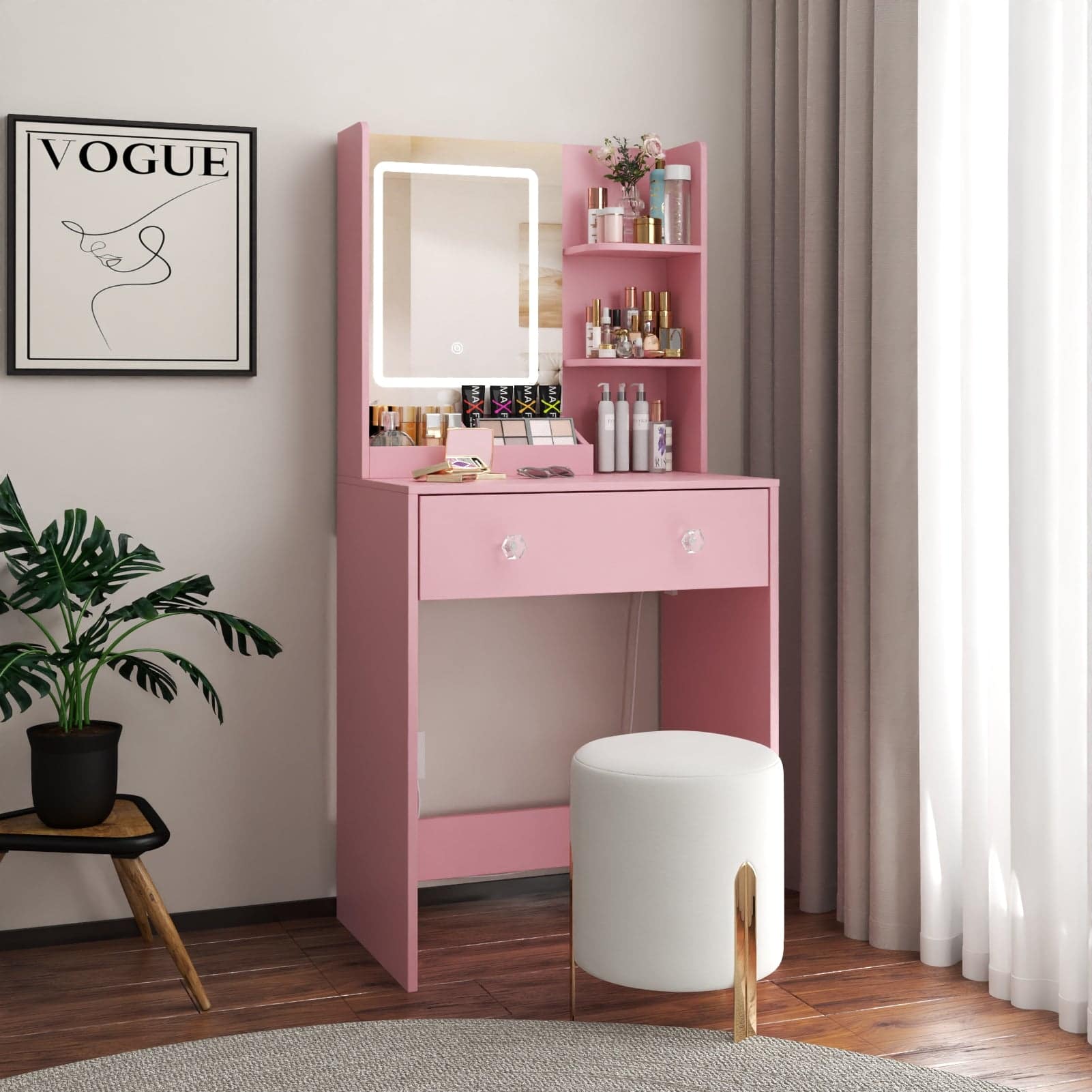 Front. Furologee - Vanity Desk with Mirror and Lights Makeup Vanity with Drawers - Pink.