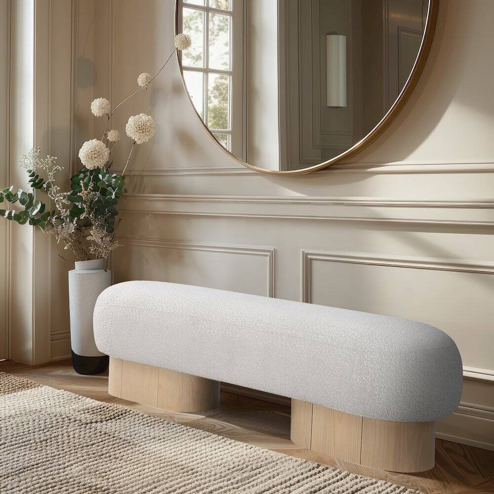 Alt View 1. Meridian Furniture - Robertson Cream Boucle Fabric Bench - Beige.