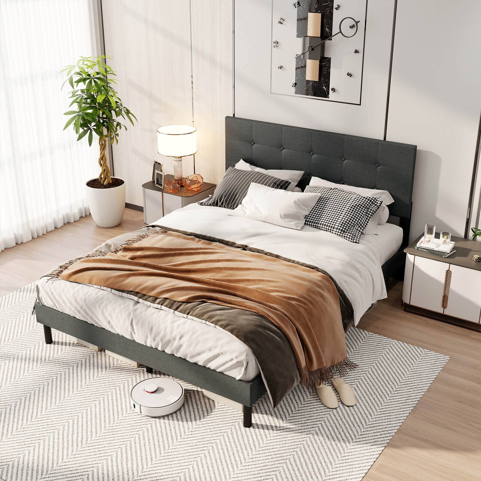 Alt View 1. Costway - Costway Queen Size Bed Frame Linen Upholstered Platform Bed Frame with Tufted Headboard - Gray.