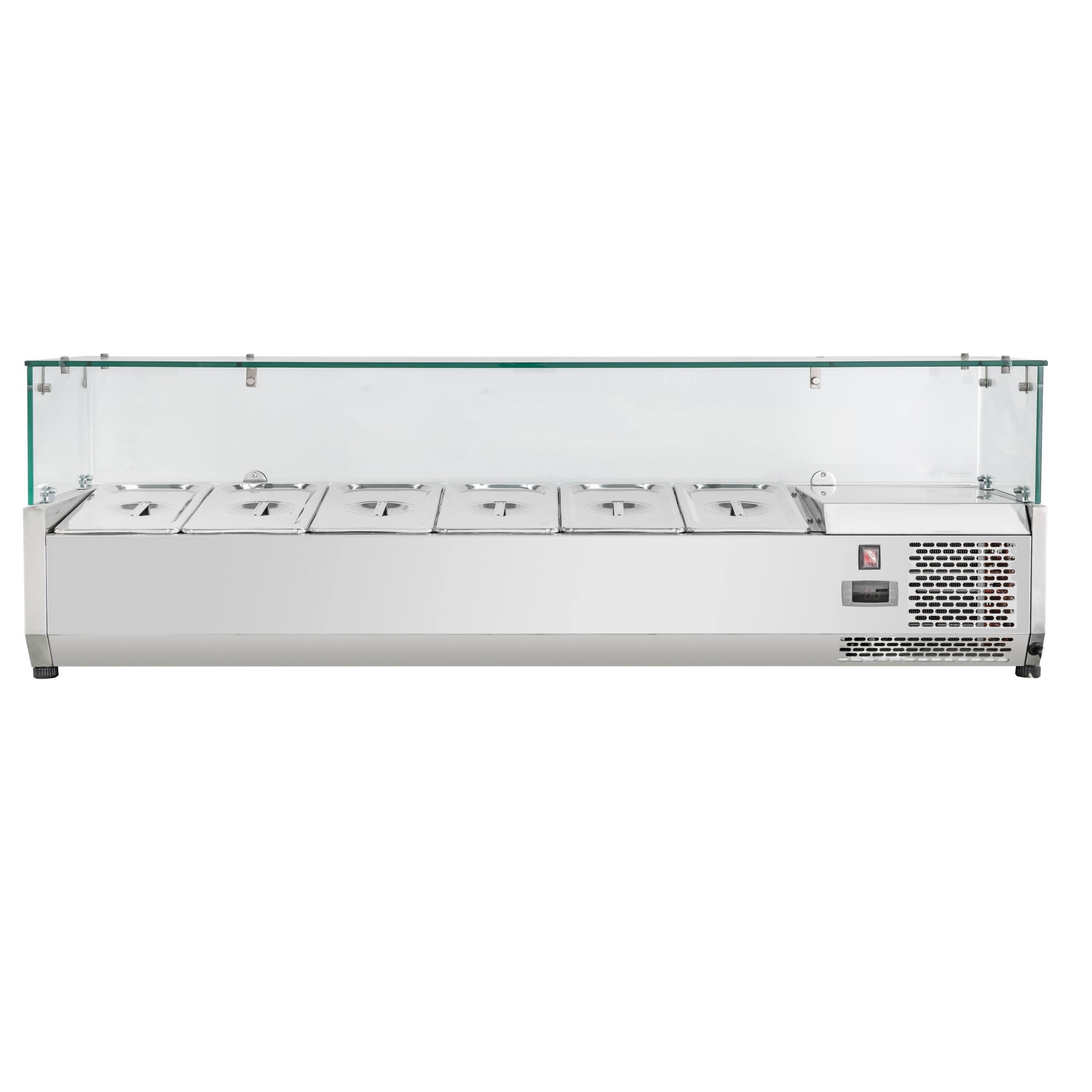 Angle. Equator - Equator Vitlife Commercial Refrigerator Condiment Prep Station, Glass Lid 6 Pan (GN1/3×5+GN1/2×1), 33–41°F, 59.1" - Stainless Steel.