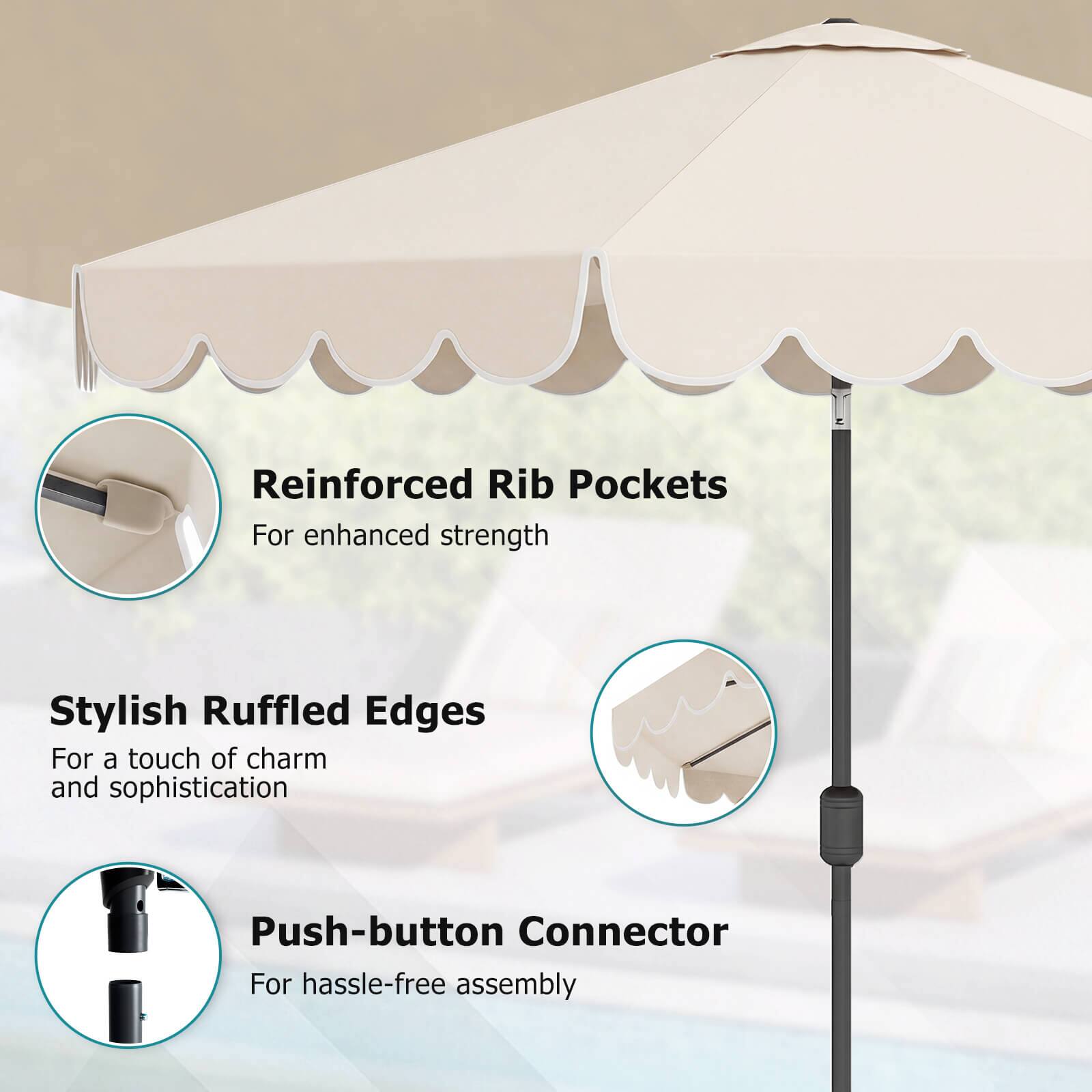 Reinforced Rib Pockets  
For enhanced strength  

Stylish Ruffled Edges  
For a touch of charm and sophistication  

Push-button Connector  
For hassle-free assembly