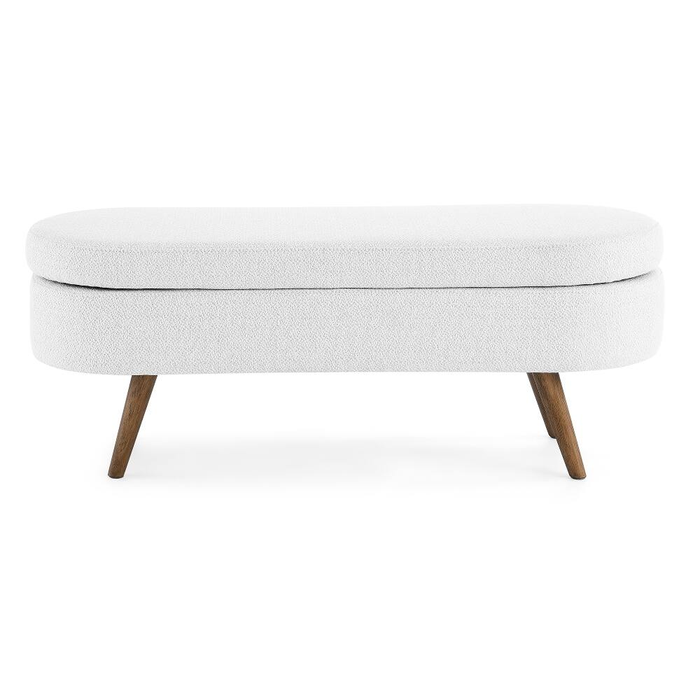 Alt View 3. Ropilly - Ropilly White Oval Storage Bench Upholstered Linen Ottoman Seat with Rubber Wood Legs - White.