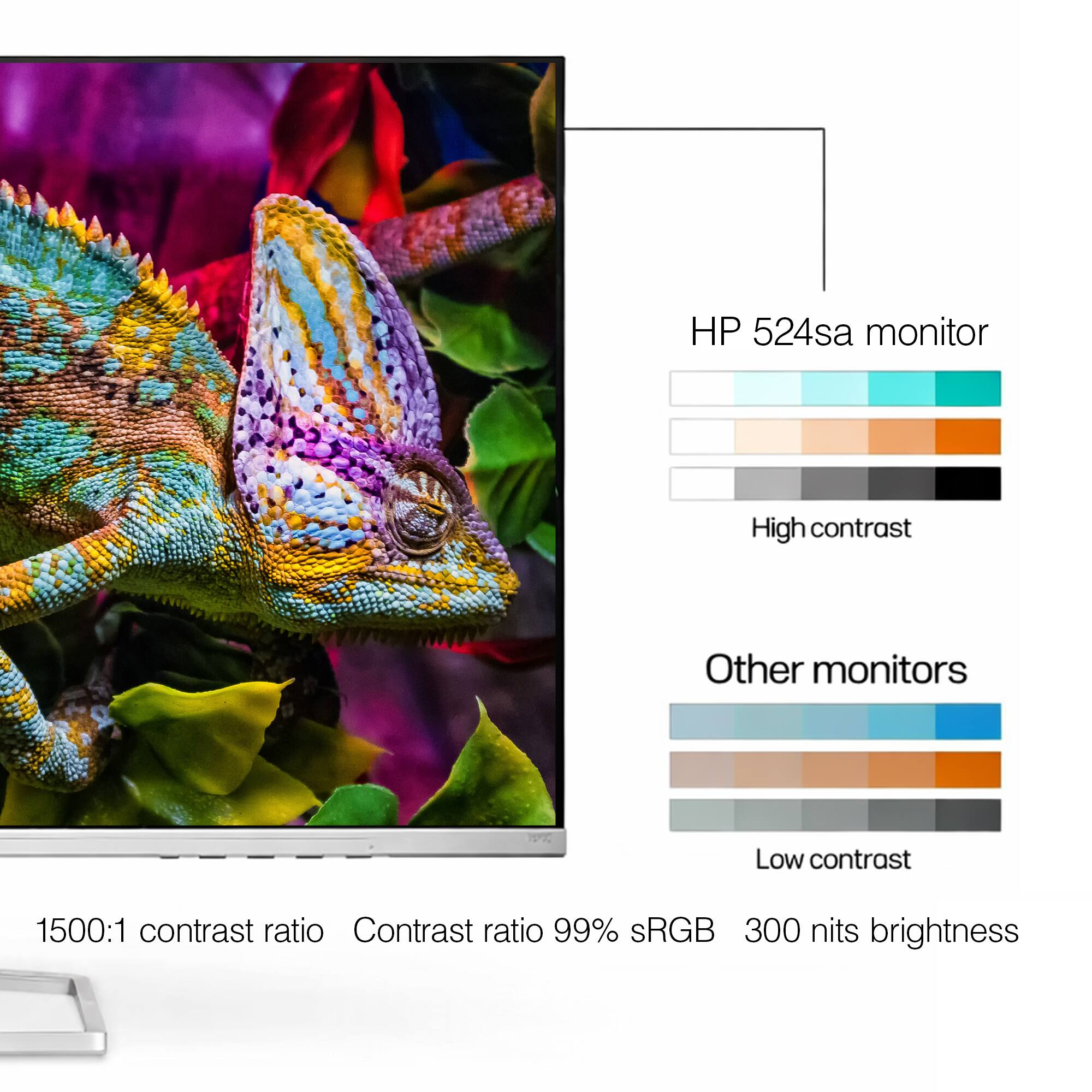 HP 524sa monitor  
High contrast  
Other monitors  
Low contrast  
1500:1 contrast ratio  
Contrast ratio  
99% sRGB  
300 nits brightness