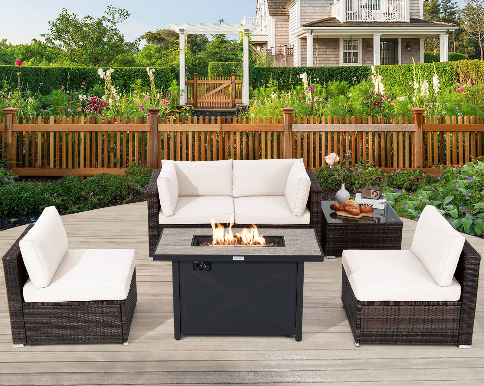 Alt View 3. Costway - Costway 6PCS Patio Furniture Set Rattan Cushioned Gas Fire Pit Table - Off White.