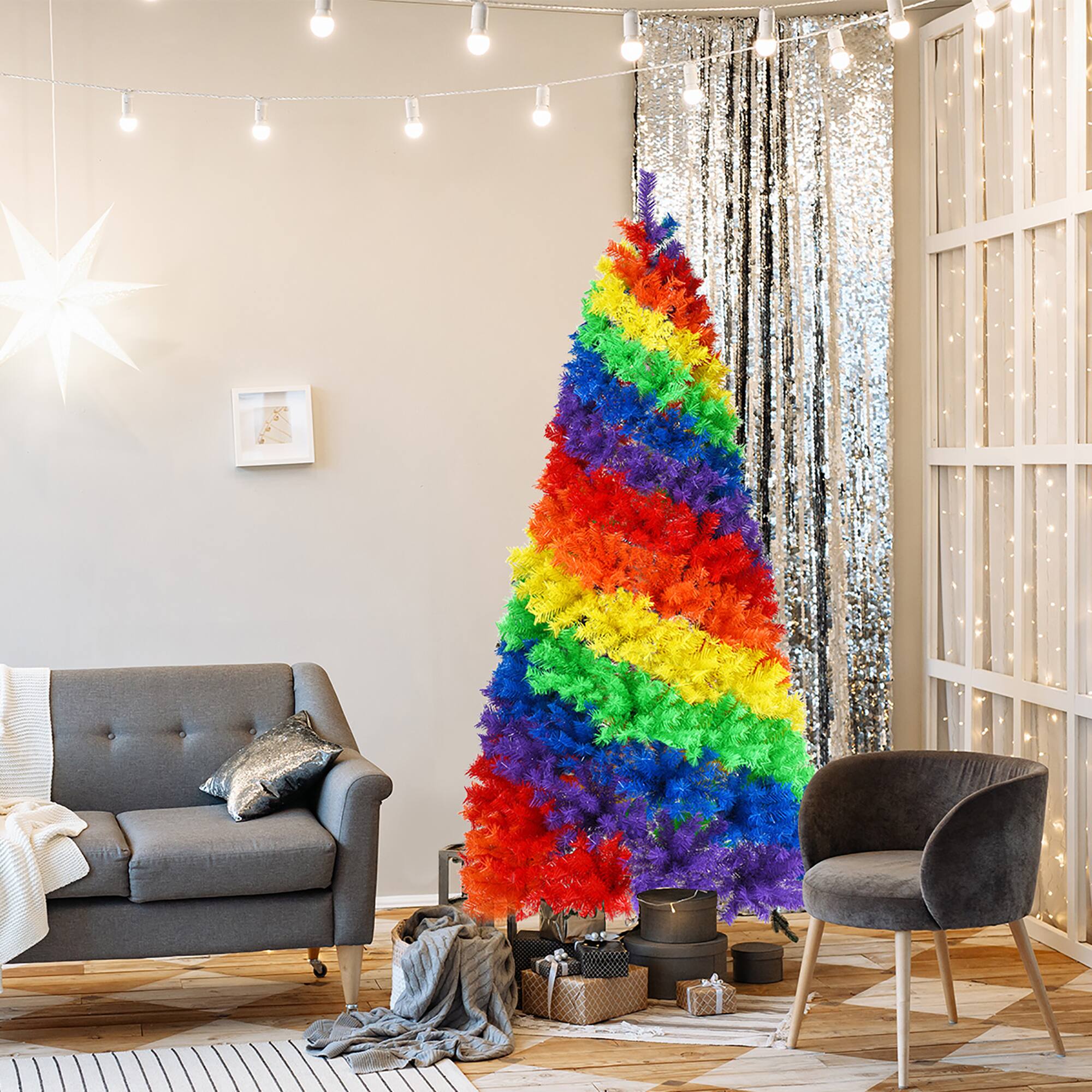 Alt View 2. Costway - 7FT Artificial Hinged Colorful Rainbow Full Fir Christmas Tree with 1213 Tips - Multicolor.