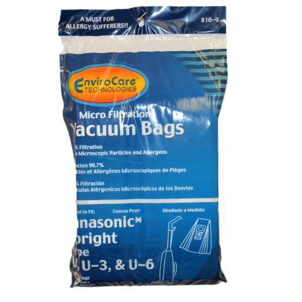A MUST FOR ALLERGY SUFFERERS!!  
816-D  

EnviroCare TECHNOLOGIES  
Micro Filtration Vacuum Bags  

• Filtration:  
- Microscopic Particles and Allergens  
- 99.7%  

• Filtration:  
- Particules et Allergènes Microscopiques de Pigeons  
- 99.7%  

• Filtration:  
- Partículas Alérgenicas Microscópicas de los Devios  

• Fits:  
- Conçu Pour:  
- Diseñado a Medida:  

Panasonic*  
bright  
U-3, & U-6