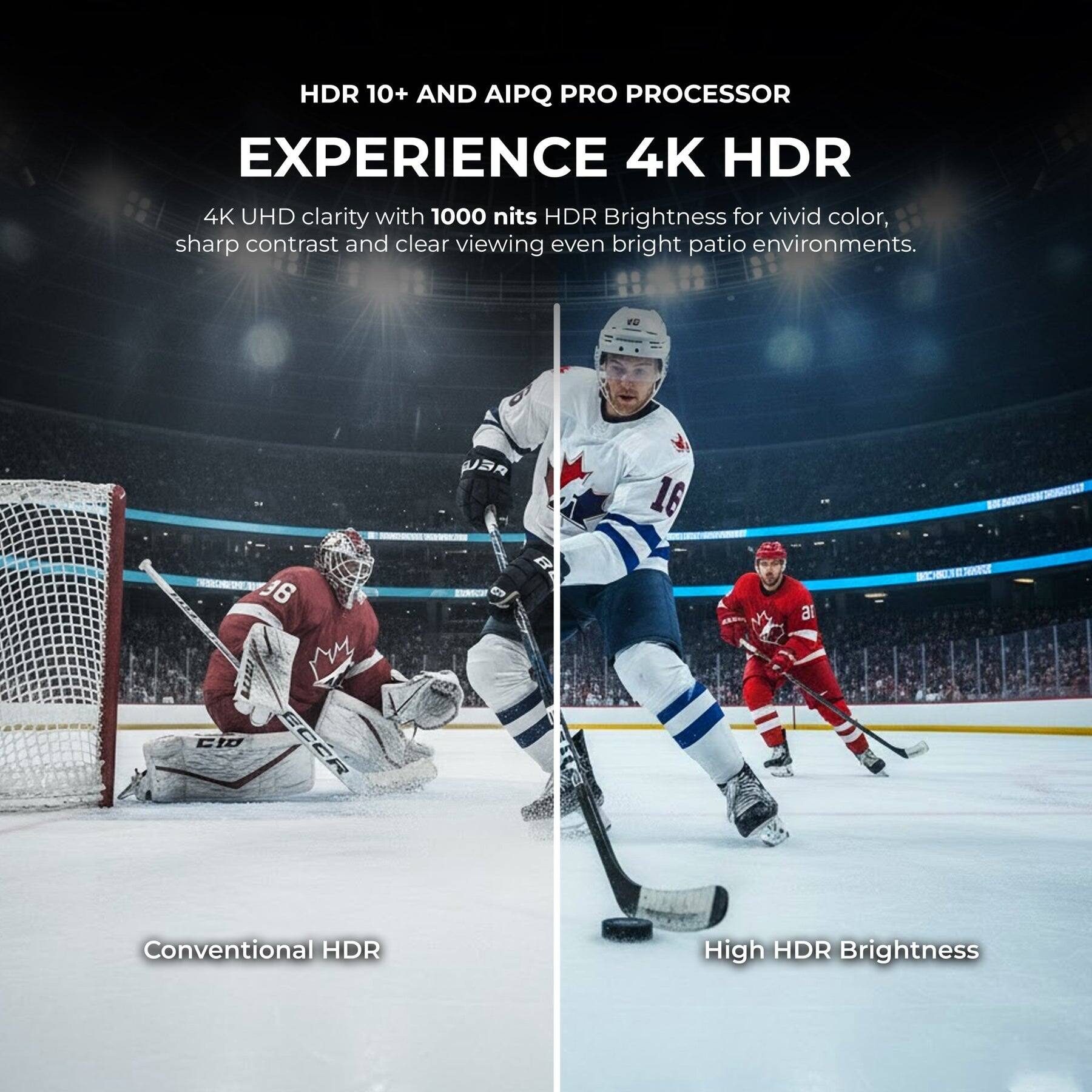 HDR 10+ AND AI PQ PRO PROCESSOR  
EXPERIENCE 4K HDR  

4K UHD clarity with 1000 nits HDR Brightness for vivid color, sharp contrast and clear viewing even bright patio environments.  

Conventional HDR  
High HDR Brightness
