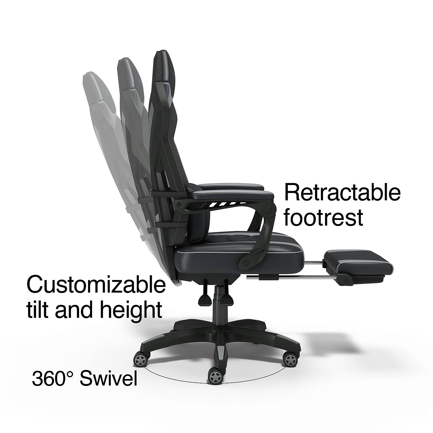 Retractable footrest  
Customizable tilt and height  
360° Swivel