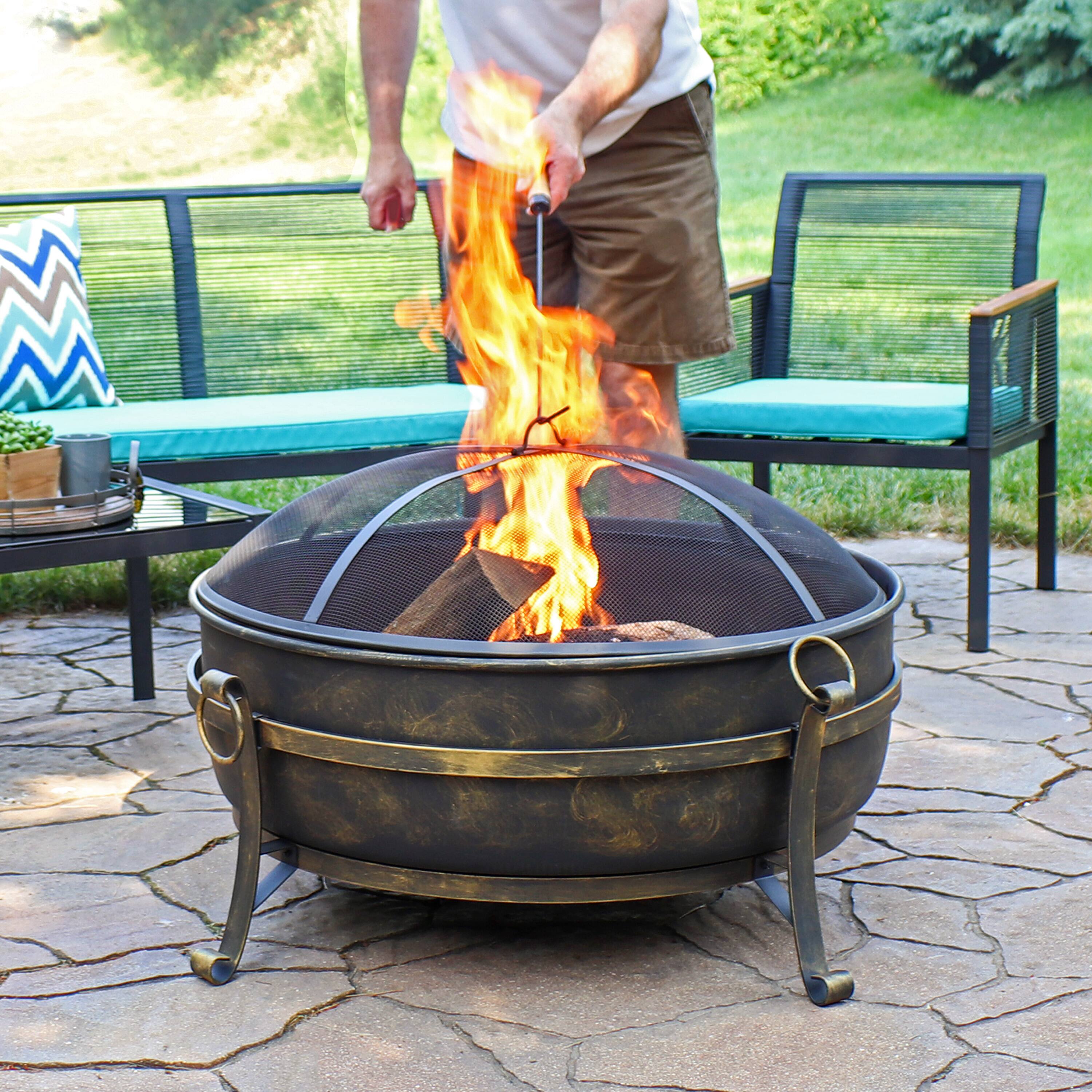 Alt View 7. Sunnydaze - 34 in Cauldron Outdoor Fire Pit Bowl with Spark Screen and Poker - Black.