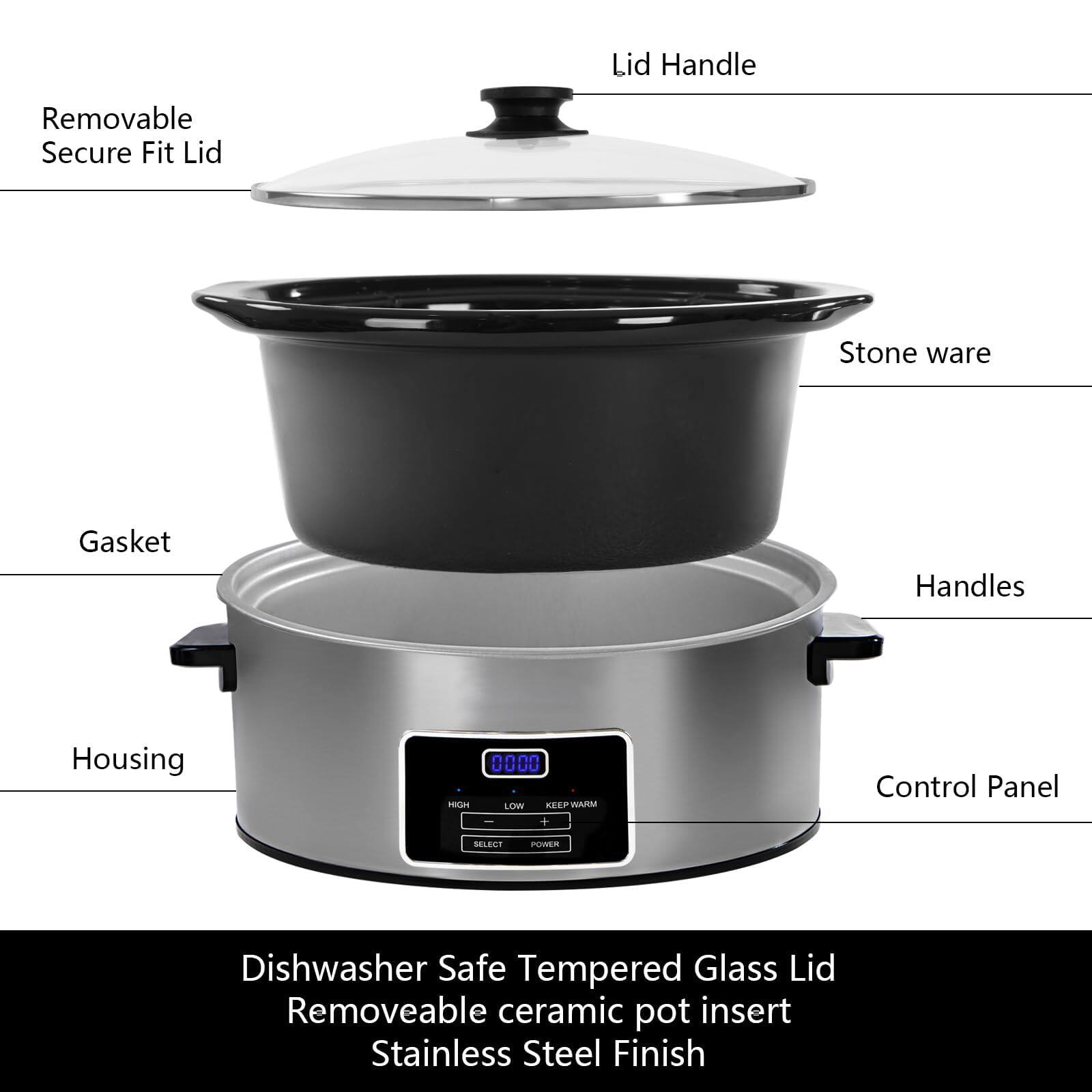 - Removable Secure Fit Lid
- Lid Handle
- Stone ware
- Gasket
- Handles
- Housing
- Control Panel

Dishwasher Safe Tempered Glass Lid  
Removable ceramic pot insert  
Stainless Steel Finish