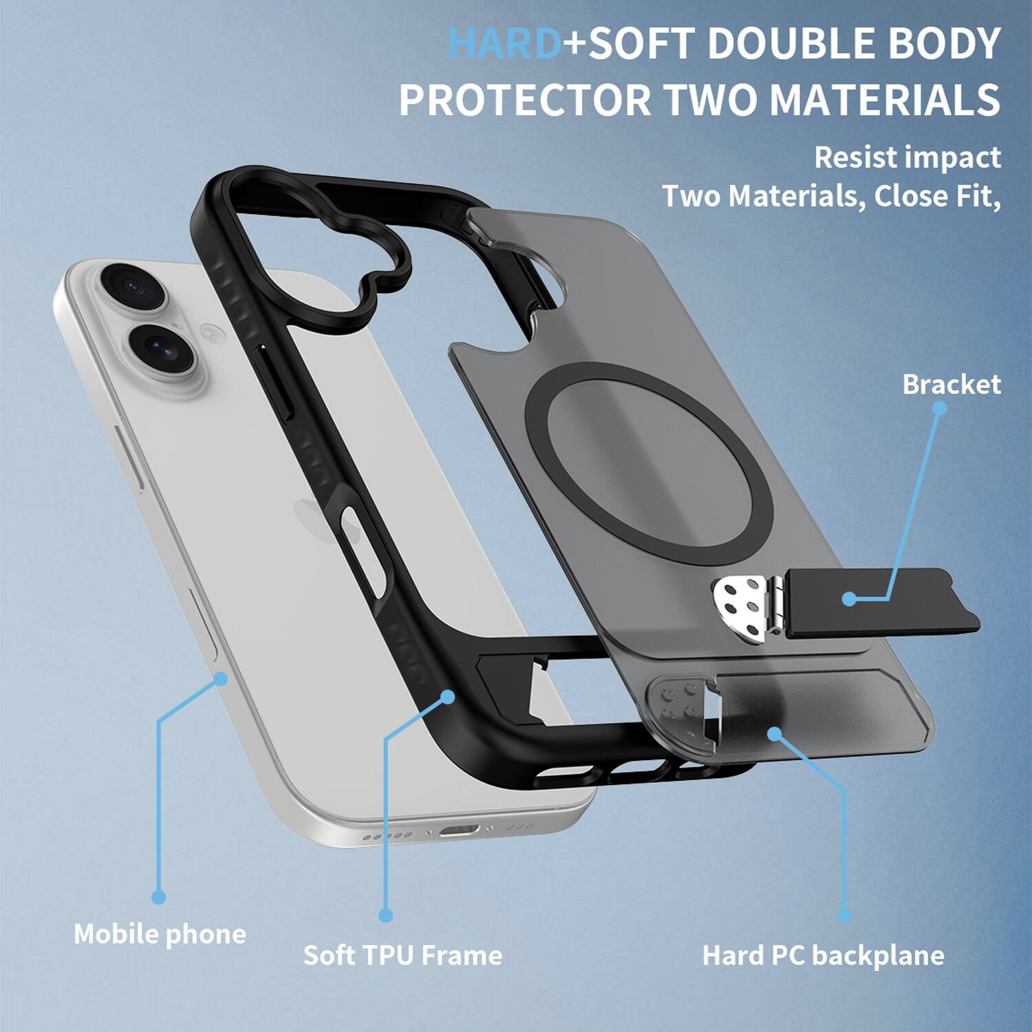 HARD+SOFT DOUBLE BODY PROTECTOR TWO MATERIALS  
Resist impact  
Two Materials, Close Fit,  
Bracket  
Mobile phone  
Soft TPU Frame  
Hard PC backplane