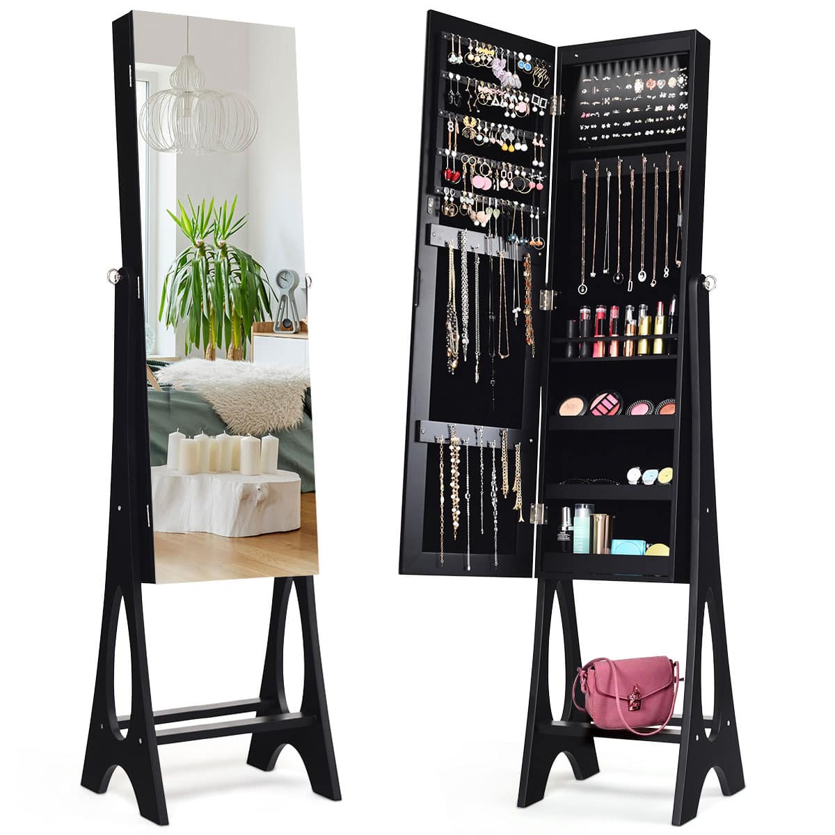 Front. Costway - LED Jewelry Cabinet Organizer Bevel Edge Mirrored Standing Black - Black.