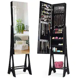 Costway - LED Jewelry Cabinet Organizer Bevel Edge Mirrored Standing - Black