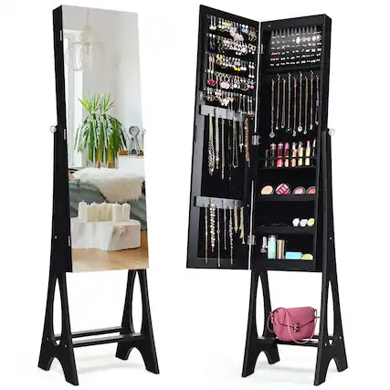 Front. Costway - LED Jewelry Cabinet Organizer Bevel Edge Mirrored Standing Black - Black.