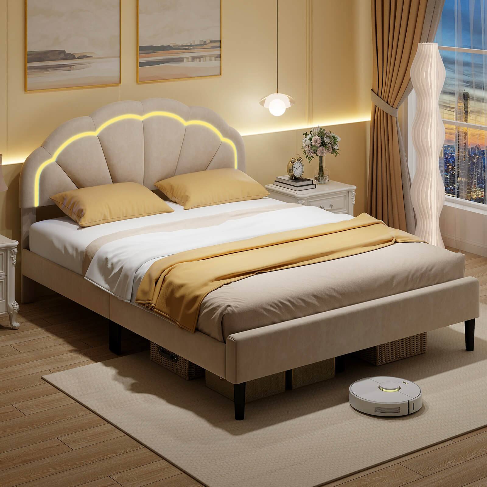 Alt View 4. Costway - Costway Queen Size Upholstered LED Bed Frame Soft Velvet Platform Bed with Flower Headboard - Beige.