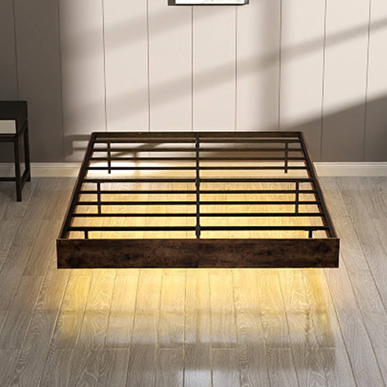 Back. LUCKY ONE - Full Size Floating Bed Frame with LED Lights - Brown.
