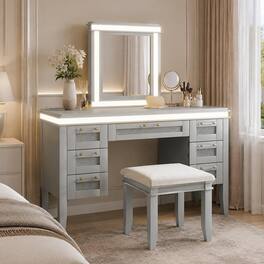 RYHNUYNE - 48 in Vanity Desk Set, 7 Drawers, Cushioned Stool, LED Mirror, Rubber Wood Legs, Greyblue - Grayish Blue