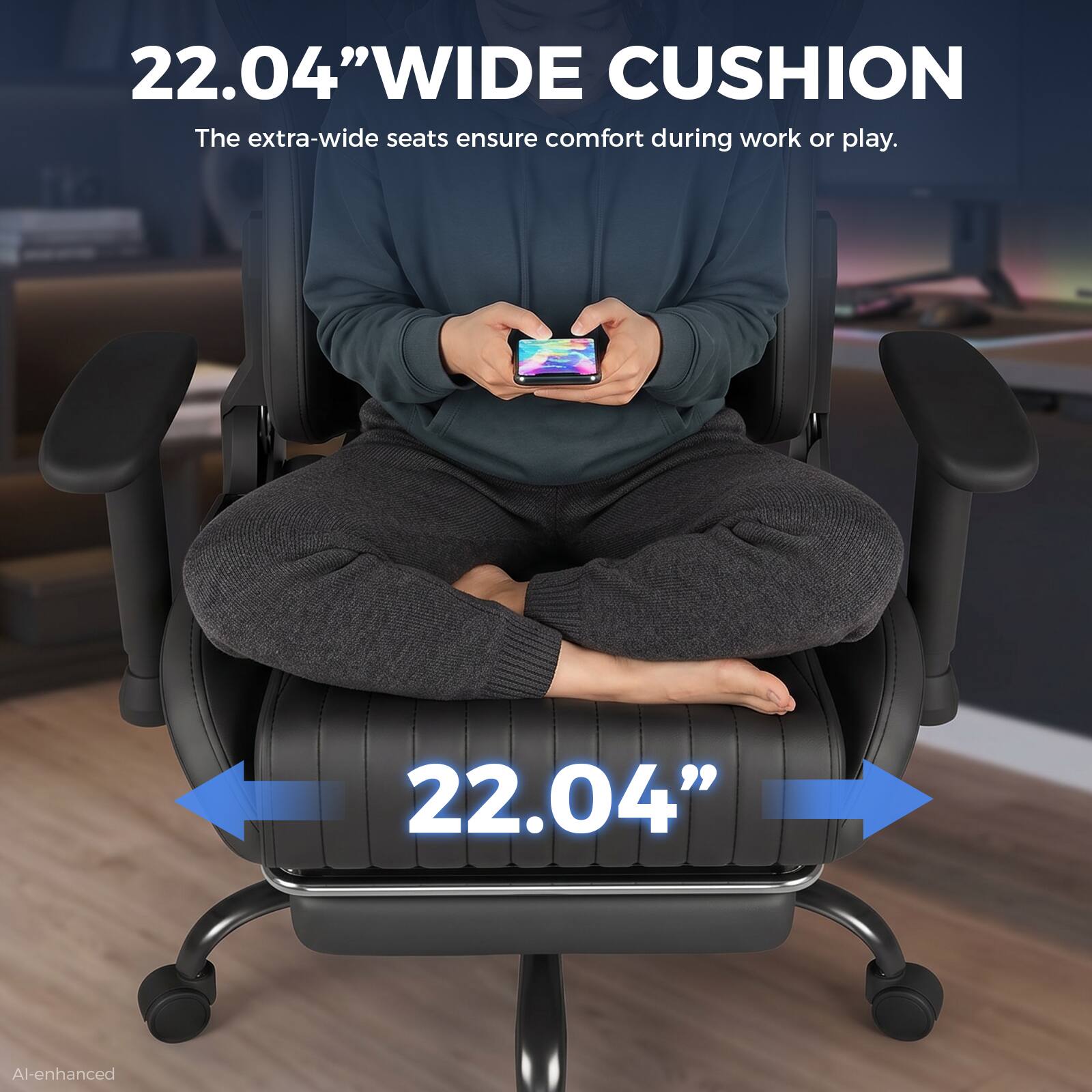 22.04" WIDE CUSHION  
The extra-wide seats ensure comfort during work or play.  
22.04"  
AI-enhanced