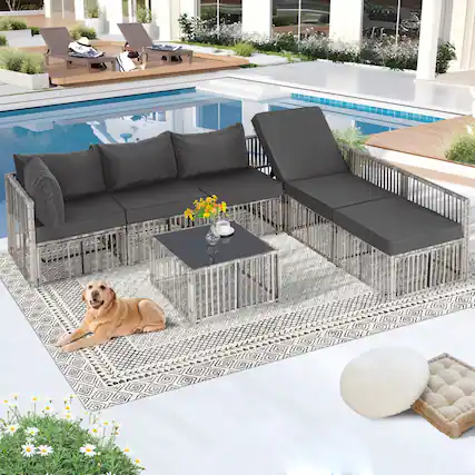 Front. Boyel Living - 7 Piece Modular PE Rattan Patio Sectional Set Gray with Coffee Table - Gray.