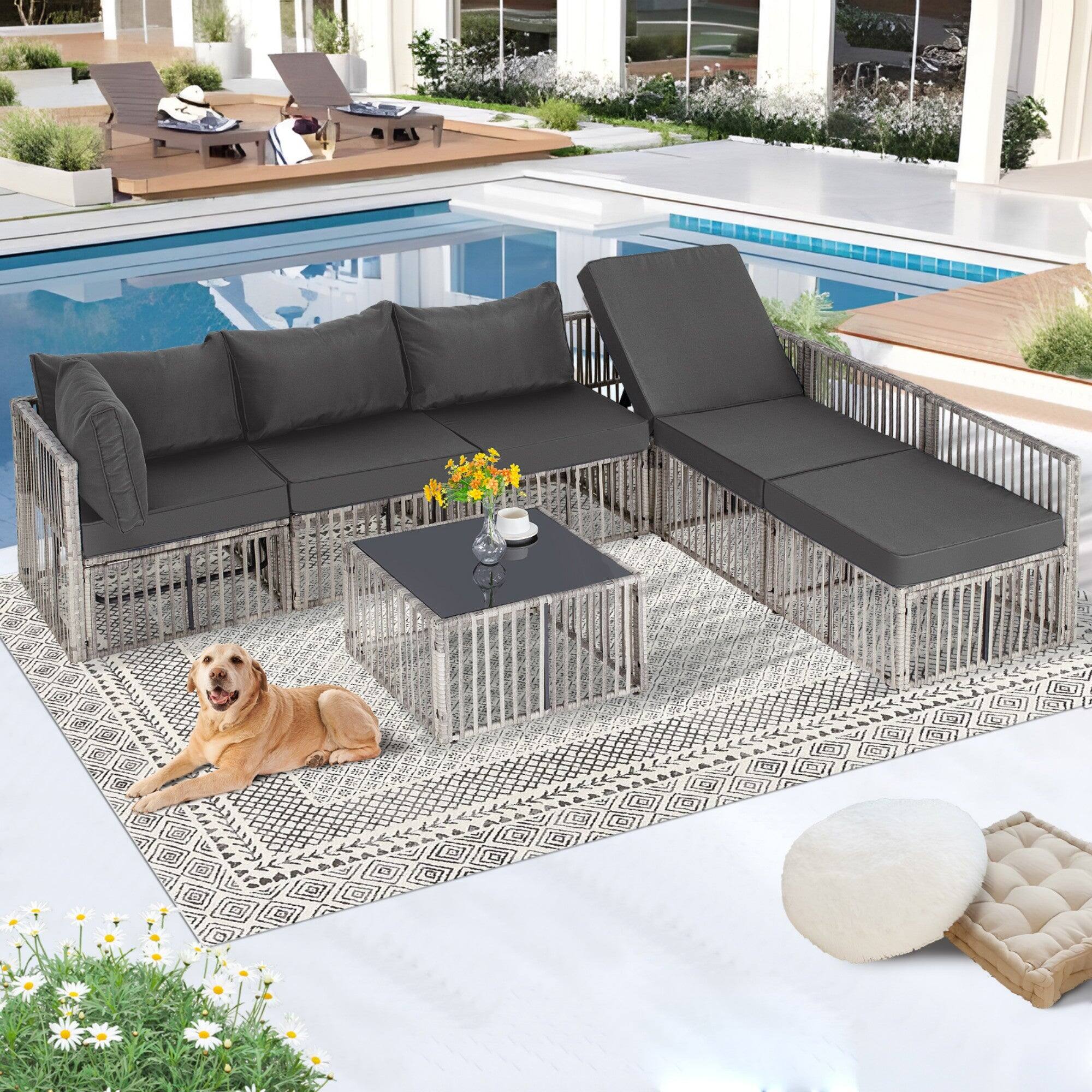 Front. Boyel Living - 7 Piece Modular PE Rattan Patio Sectional Set Gray with Coffee Table - Gray.
