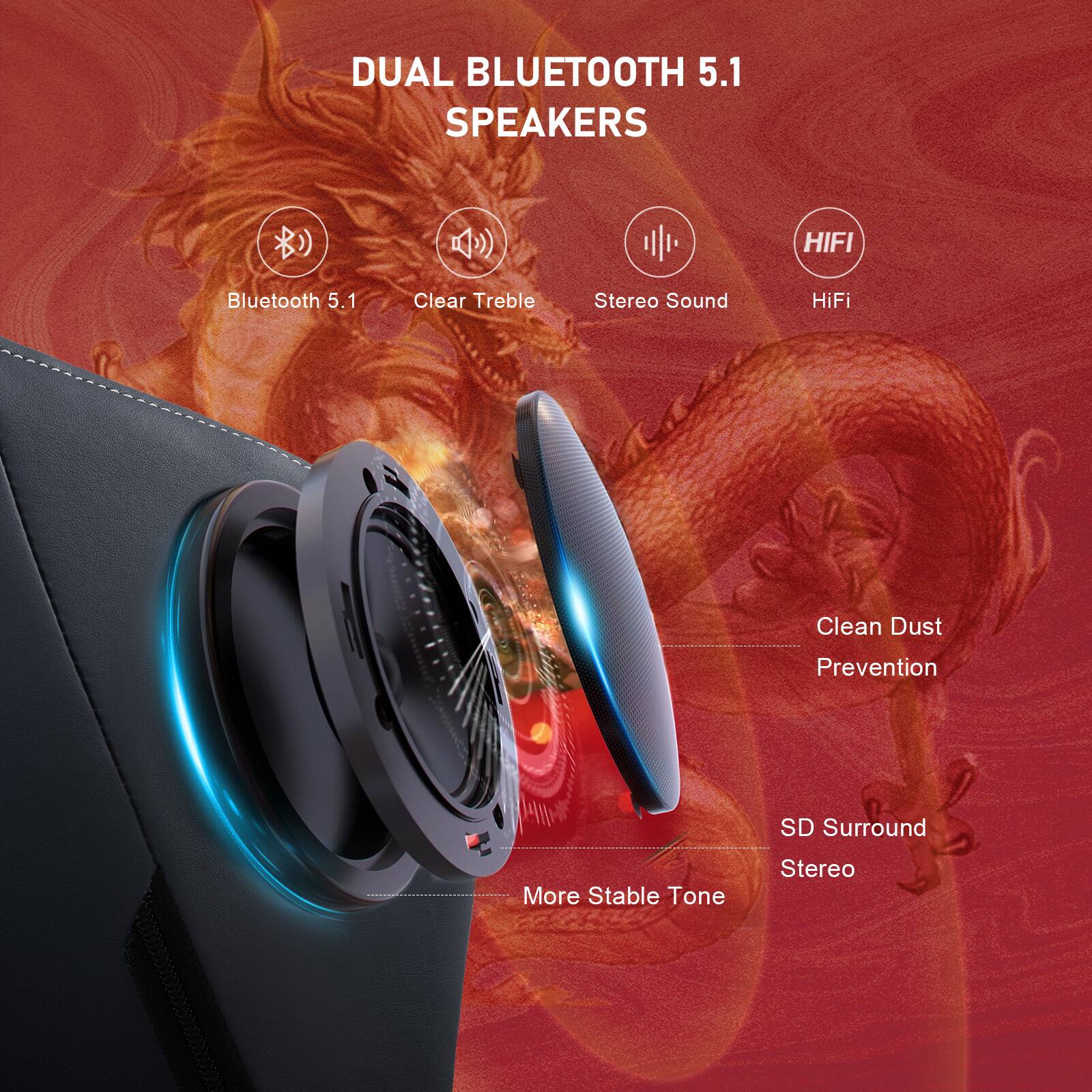 DUAL BLUETOOTH 5.1 SPEAKERS

Bluetooth 5.1
Clear Treble
Stereo Sound
HiFi
Clean Dust Prevention
SD Surround
More Stable Tone
Stereo