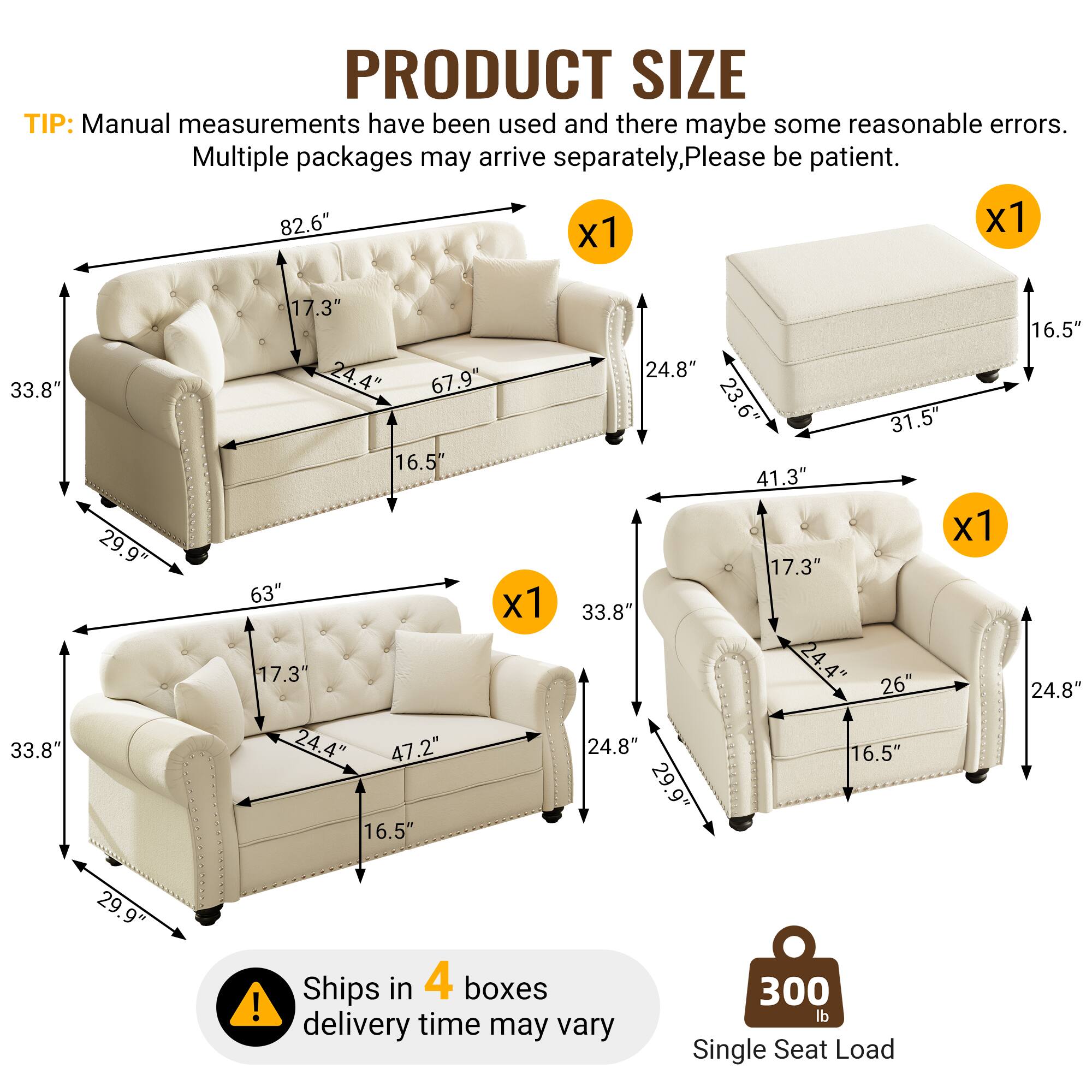 PRODUCT SIZE TIP: Manual measurements have been used and there may be some reasonable errors. Multiple packages may arrive separately, please be patient.  
- 82.6" x 1 x 1  
- 33.8" x 1  
- 29.9" x 1  
- 17.3" x 1  
- 24.4" x 1  
- 67.9" x 1  
- 16.5" x 1  
- 63" x 1  
- 17.3" x 1  
- 24.4" x 1  
- 47.2" x 1  
- 16.5" x 1  
- 24.8" x 1  
- 23.6" x 1  
- 31.5" x 1  
- 41.3" x 1  
- 17.3" x 1  
- 33.8" x 1  
- 24.4" x 1  
- 26" x 1  
- 24.8" x