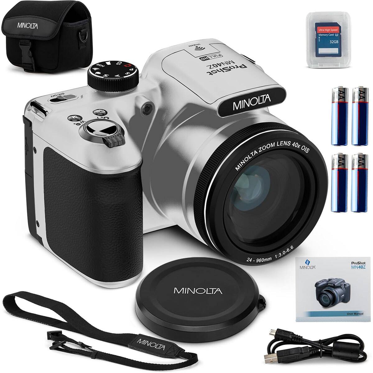 MINOLTA  
Uto High Speed Memory Card U  
ON/OFF  
23 M  
SCN W 10  
CS a A S  
Awayeee FULLHD HD ProShot MN40Z MINOLTA LENS 40x TA ZOOM OIS MINOLTA  
32GB  
24 - 960mm 1:3.0-6.6 MINOLTA  
ProShot MN40Z  
MINOLTA  
User Manual  
MINOLTA