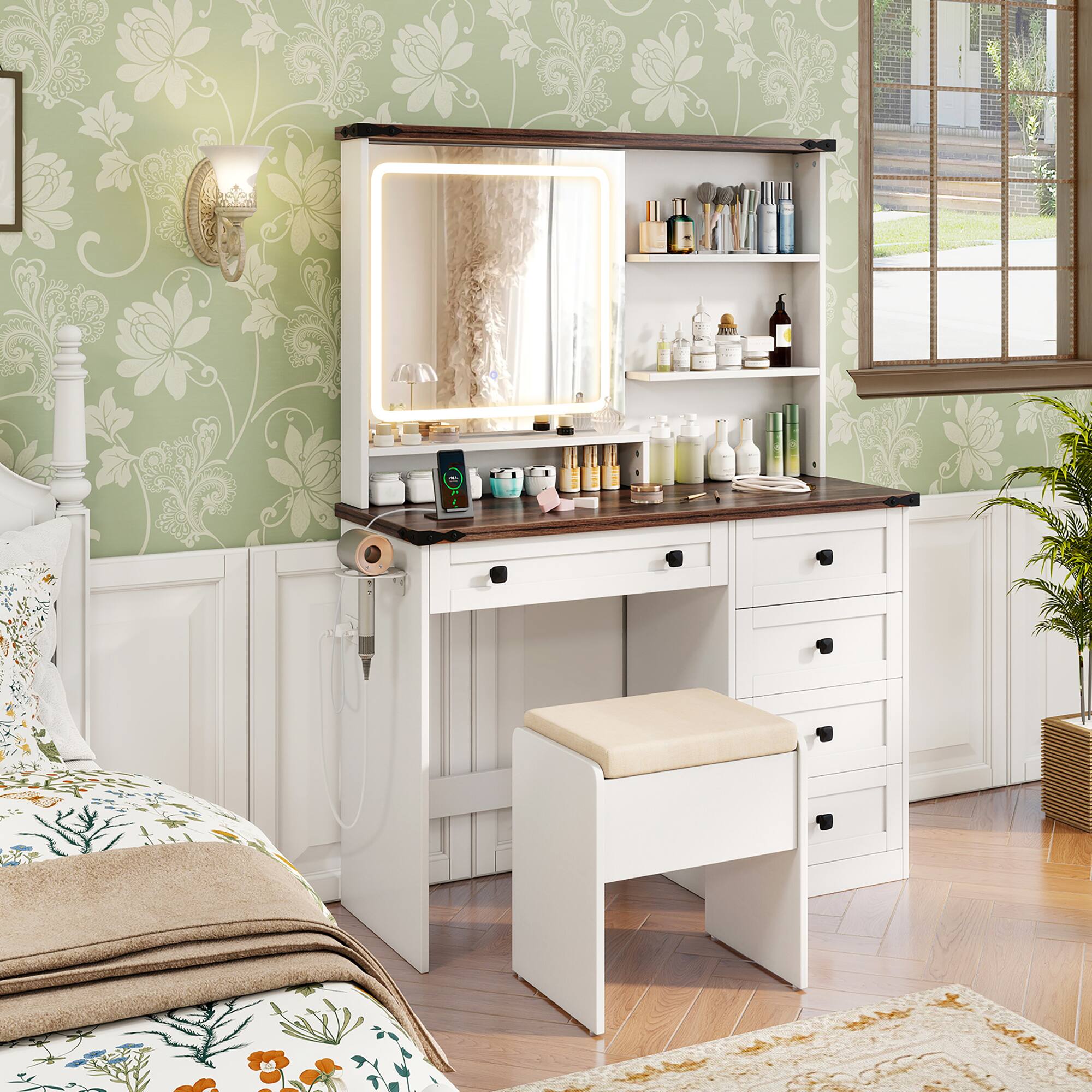 Alt View 4. Gymax - Gymax Farmhouse Vanity Set w/ Mirror and Lights Dressing Table & Chair Set - White, Dark Brown.