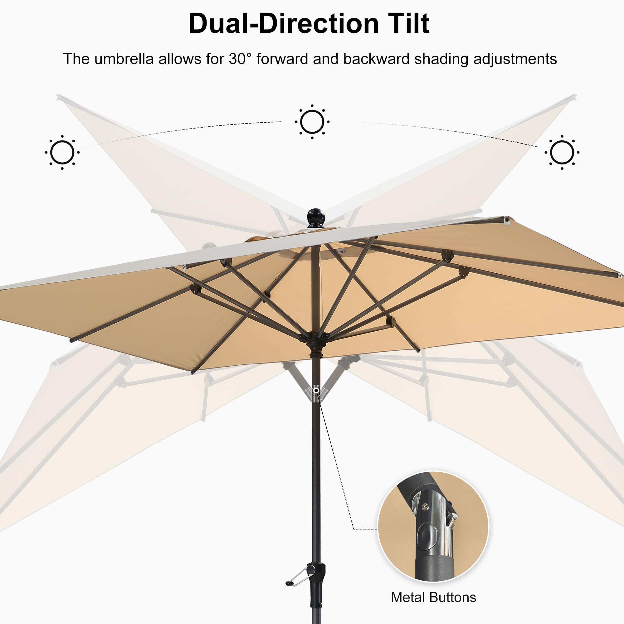 Dual-Direction Tilt  
The umbrella allows for 30° forward and backward shading adjustments  
Metal Buttons