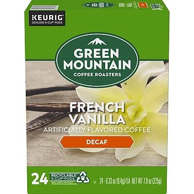 KEURIG GENUINE K-CUP PODS  
GREEN MOUNTAIN COFFEE ROASTERS  
FRENCH VANILLA  
ARTIFICIALLY FLAVORED COFFEE  
DECAF  

24 K-CUP PODS  
RECYCLABLE  
24 - 0.33 OZ (9.4g)/EA  
NET WT 7.9 OZ (225g)
