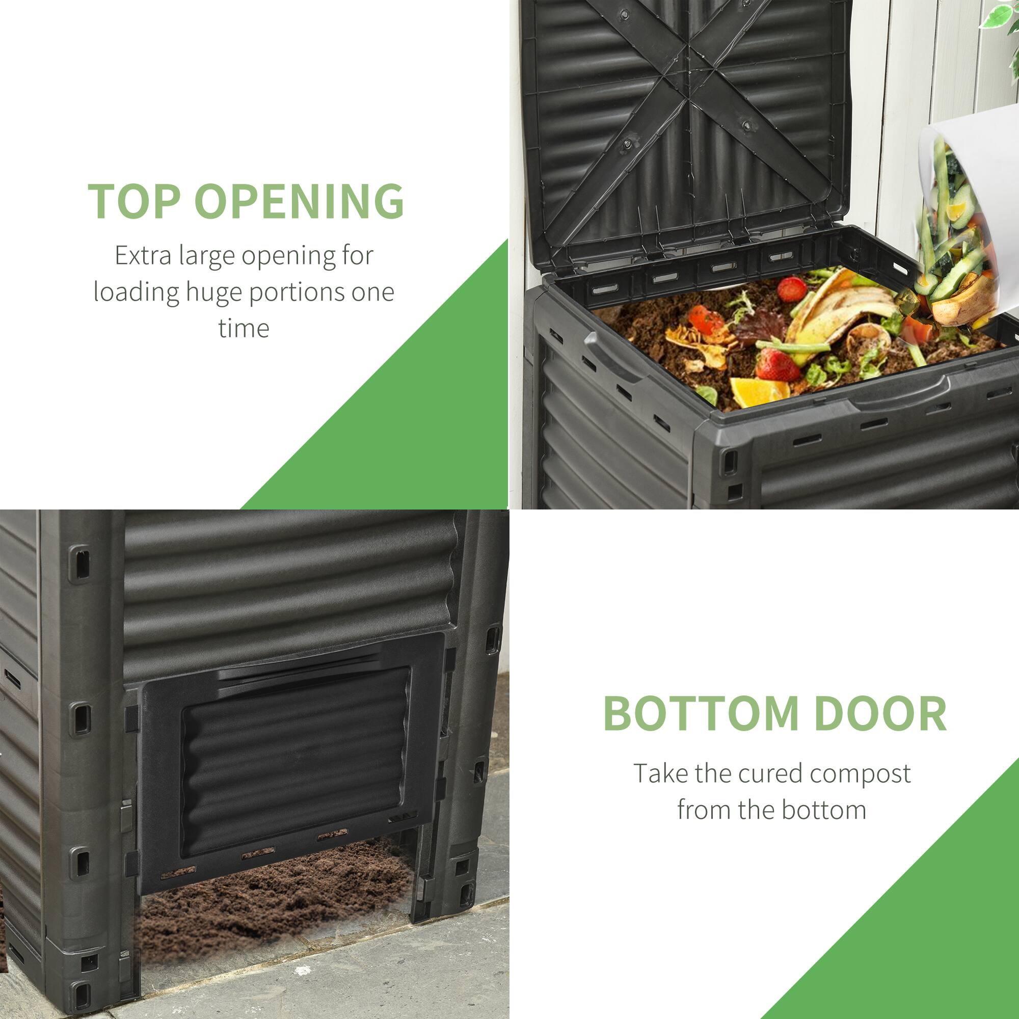 **TOP OPENING**  
Extra large opening for loading huge portions one time

**BOTTOM DOOR**  
Take the cured compost from the bottom