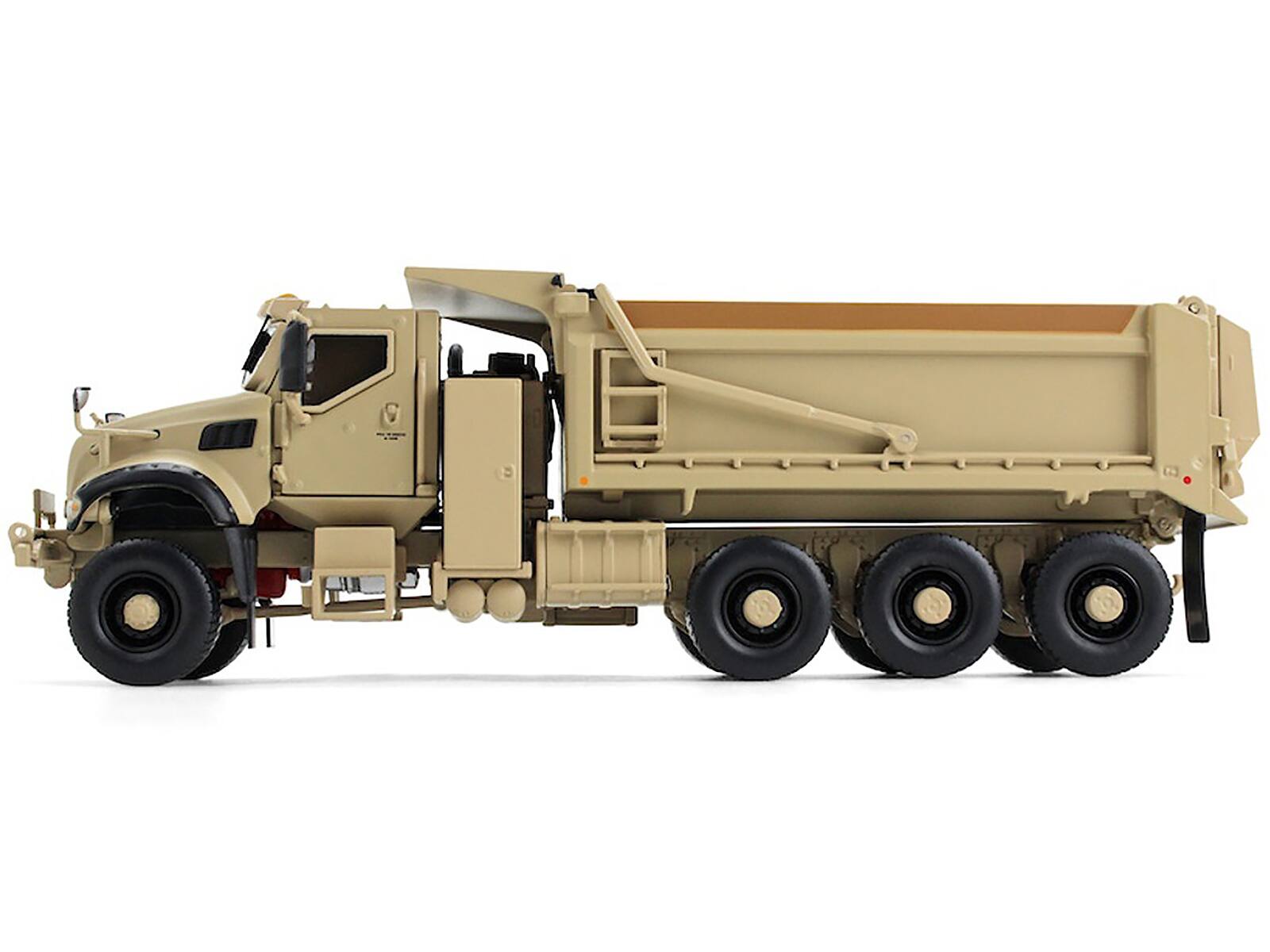 Left. First Gear - Mack Defense M917A3 Heavy Dump Truck Tan 1/50 Diecast Model by First Gear - Tan.
