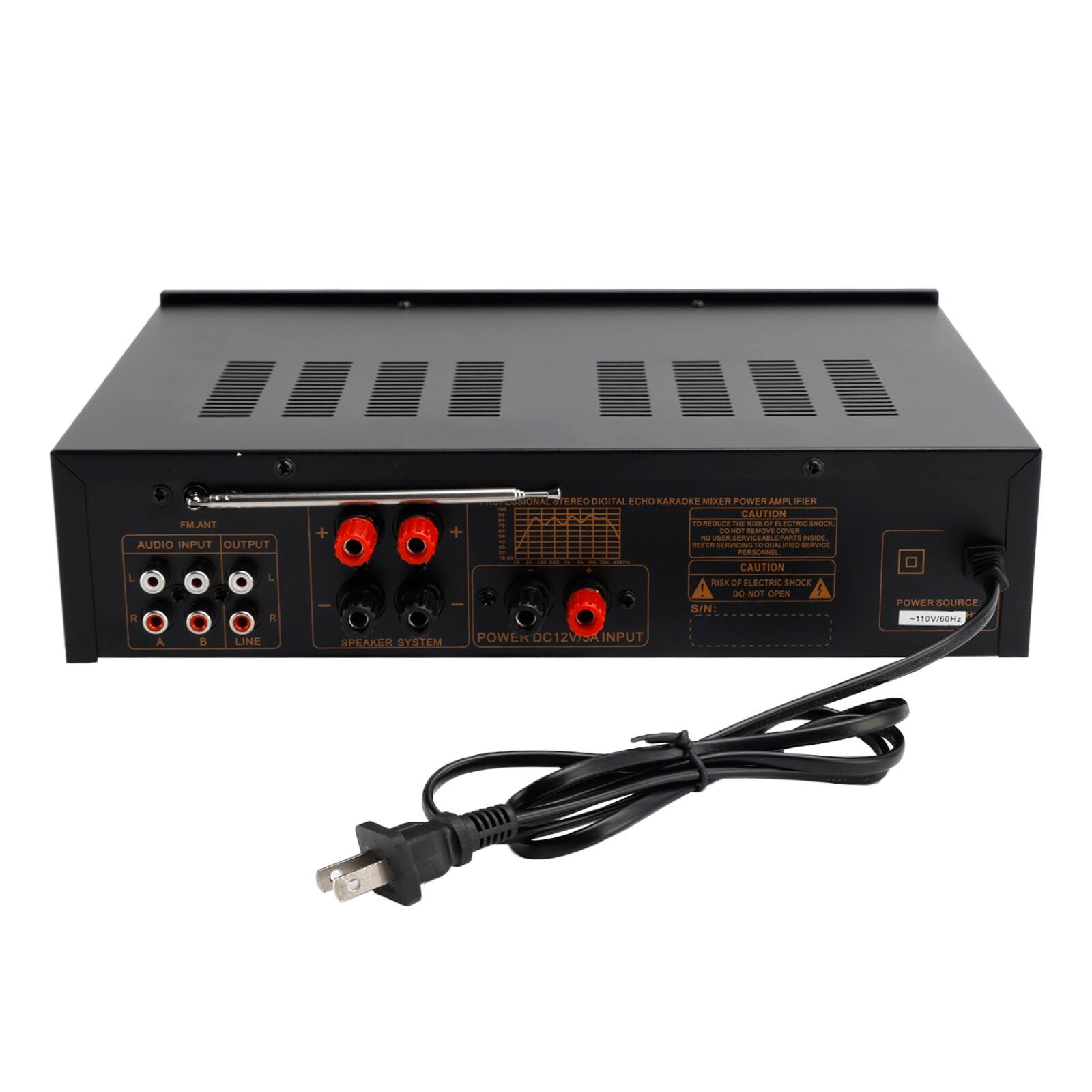 IMANT AUDIO INPUT OUTPUT + dNAl EREO DIGITAL FCHD KARAOKE MIXER POWER AMPLIFIER  
CAUTION 1 REDULE - -   - -  COVER - -. LORLEABLE  
1. - -  n_ L  A a H LINE SPEAKER SYSTEM | POWER DC12V 12V/5A INPUT  
CAUTION hdn dd ELCTRO SHOCK DO NOS OPES  
S/N POWER SOURCE Elvsuna