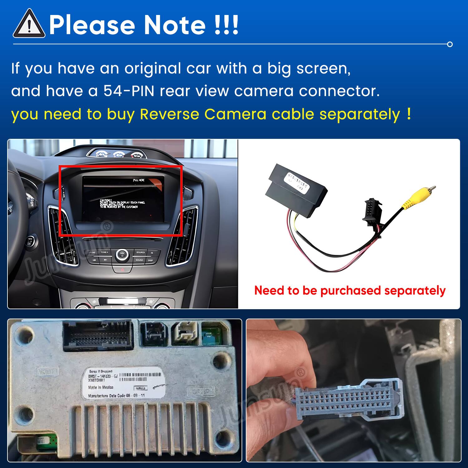 Please Note!!!

If you have an original car with a big screen, and have a 54-PIN rear view camera connector, you need to buy Reverse Camera cable separately!

Need to be purchased separately